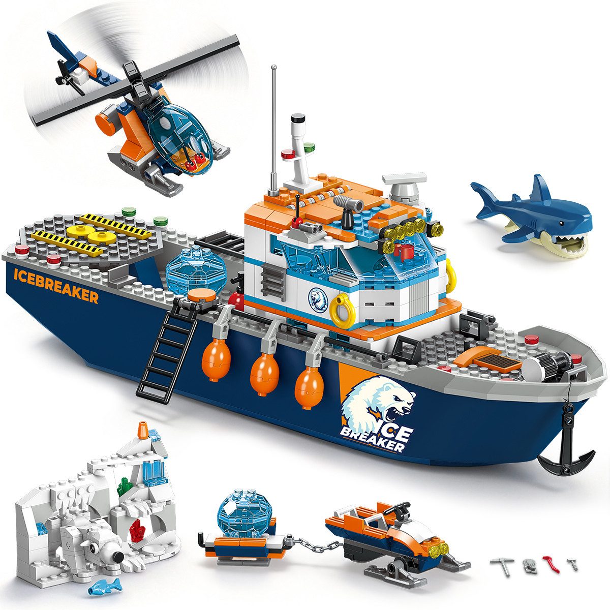 Hotmas Schwimmfähiges Ozean Forschungsboot Klemmbausteine Set Spielbausteine, (Set, 482 St., Ozean Forschungsboot mit U-Boot und Hubschrauber)
