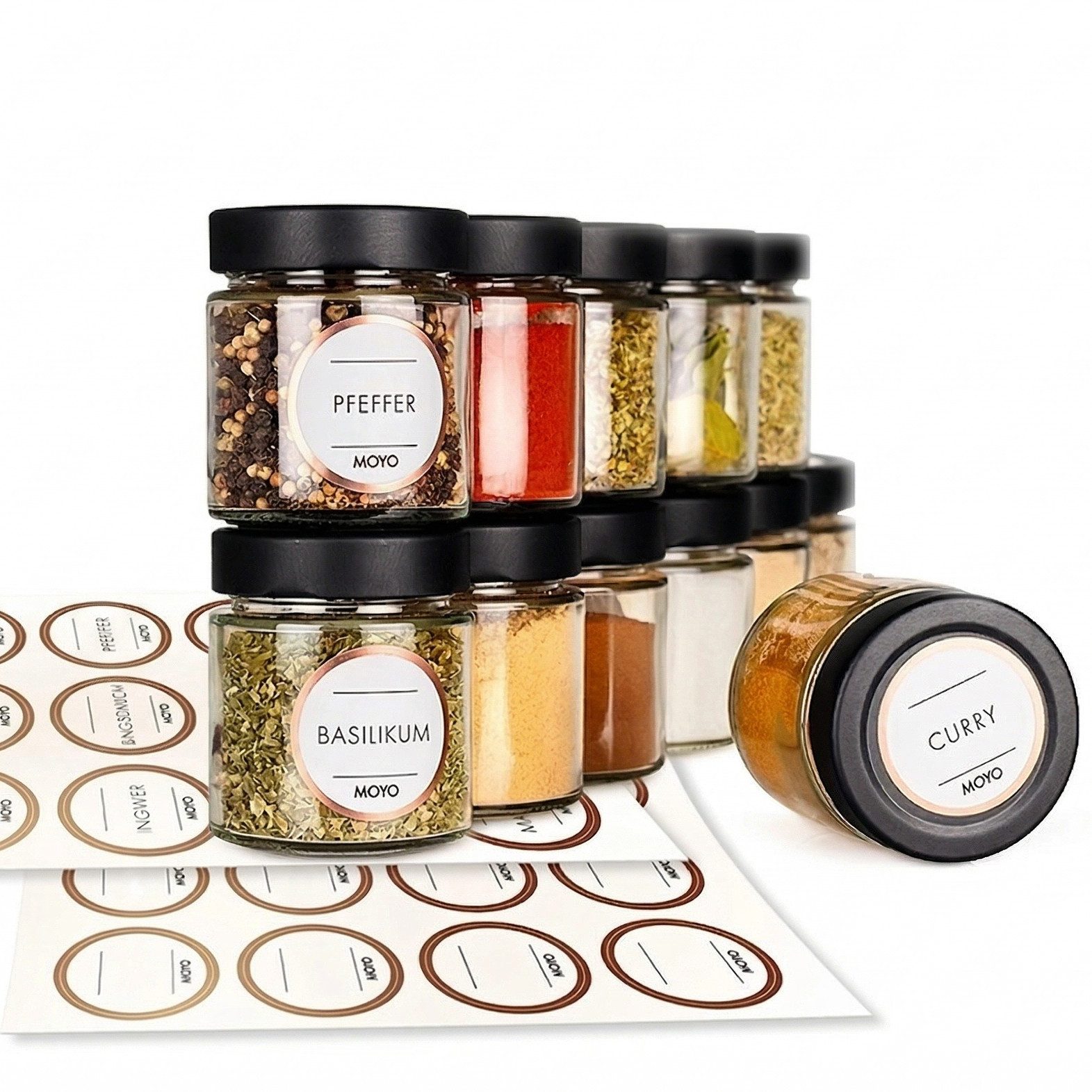 Moyo Vorratsglas Gewürzbehälter, Glas, (Set, 12 Stück), mit 24 matten Etiketten, mottensicher