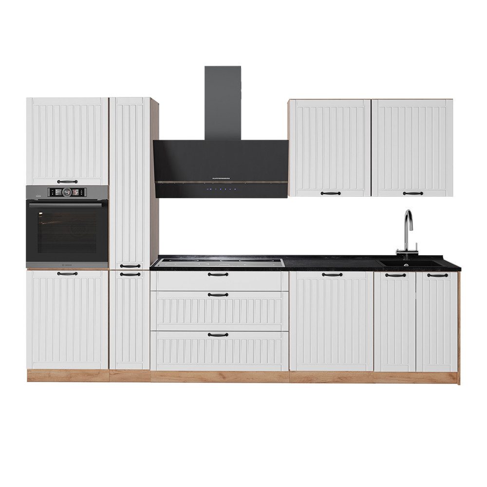 Vicco Küchenzeile Fame-Line, Weiß Landhaus/Goldkraft Eiche, 310 cm, AP Anthrazit