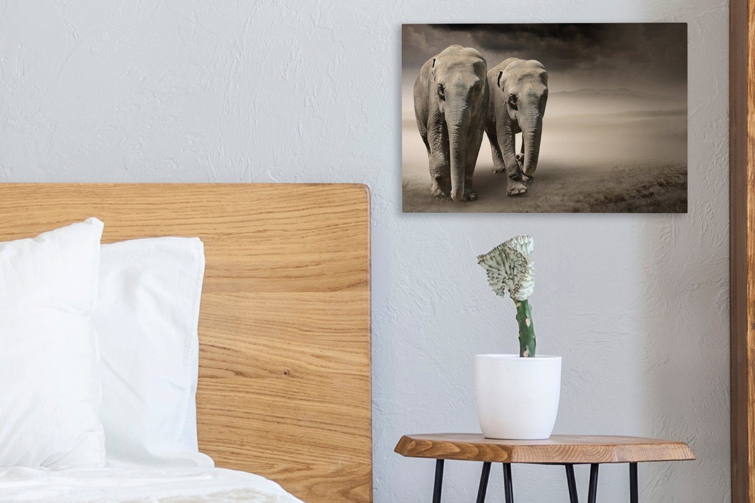 Aufhängefertig, St), Wanddeko, cm 30x20 OneMillionCanvasses® Nebel, Berg - (1 - Leinwandbild Wandbild Leinwandbilder, Elefant