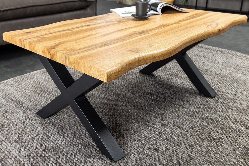 riess-ambiente Couchtisch WILD 90cm braun/schwarz - Wildeichen-Design, Baumkante, X-Gestell (Einzelartikel, 1-St), 3cm Tischplatte & Industrial Design - ideale Ergänzung zu Deiner Couch
