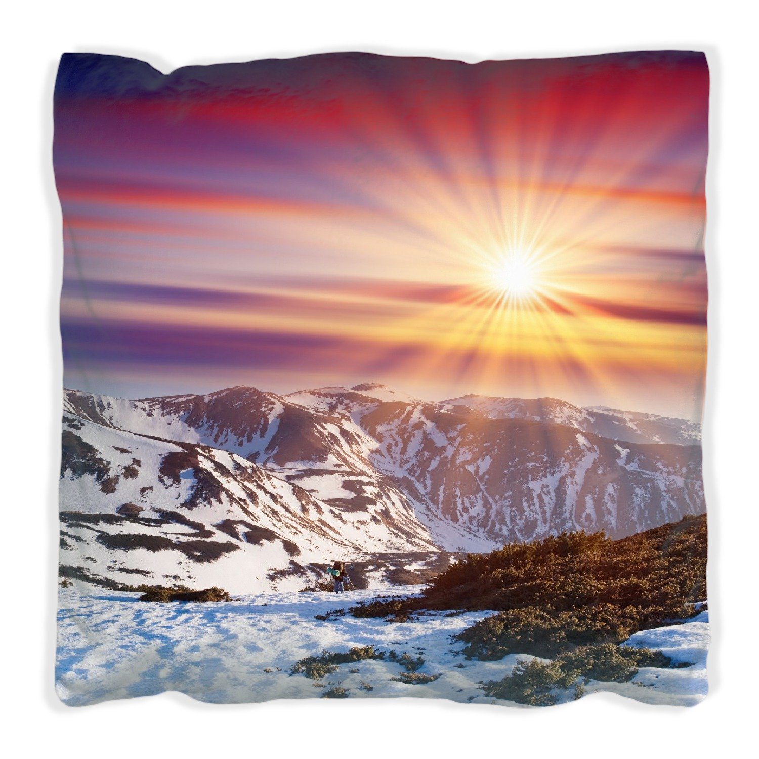 Wallario - handgenäht Bergen, den in im Winter Farbenfroher Sonnenuntergang Dekokissen Schnee