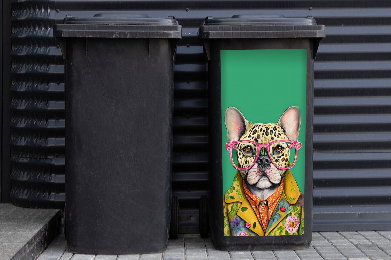 MuchoWow (1 St), Sticker, Bulldogge Abfalbehälter - Mülleimer-aufkleber, Hund Mülltonne, Tiere - Wandsticker Design Brille - Container, -
