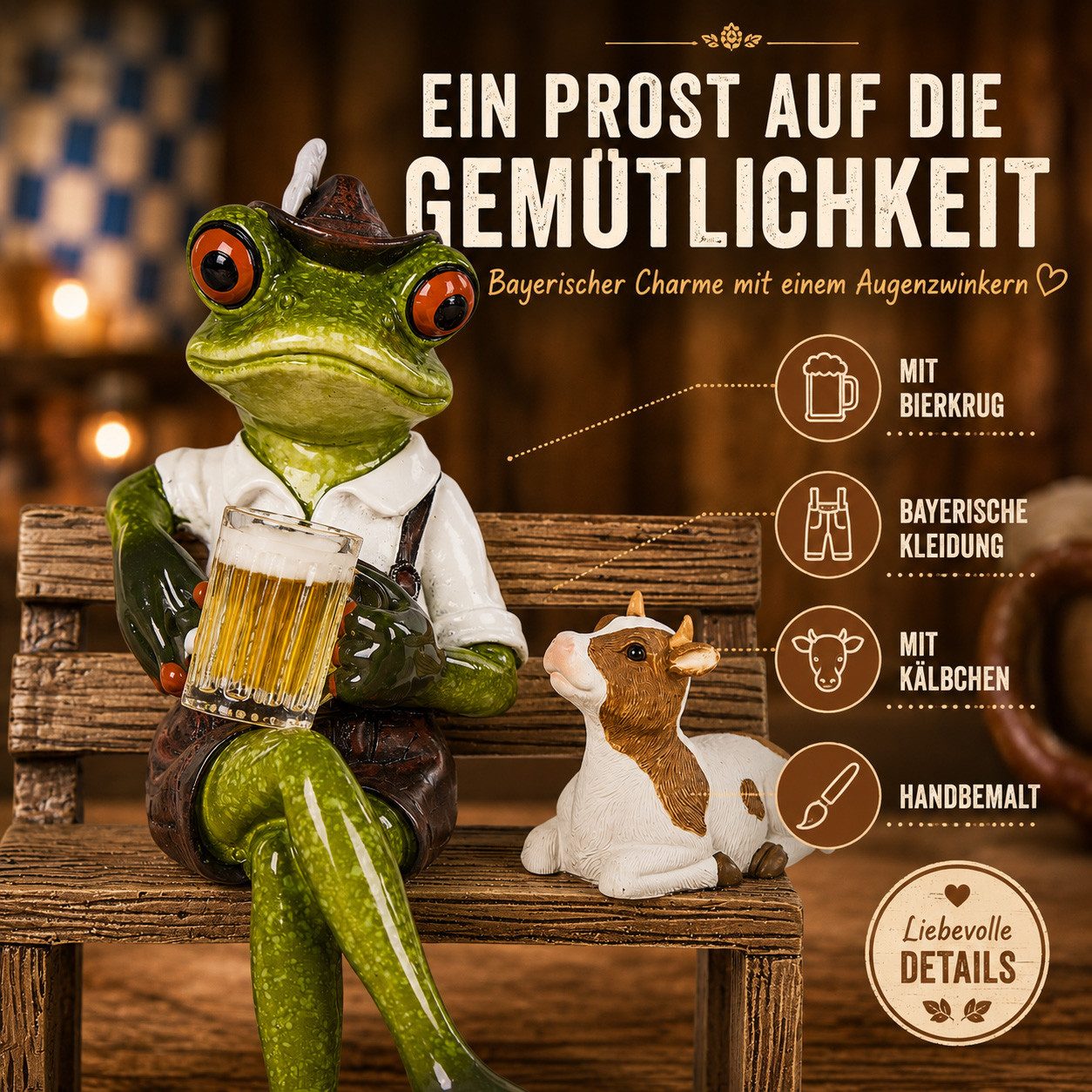 formano Sammelfigur Frosch mit Bier auf Bank 14 cm handbemalte Dekofigur Bayern