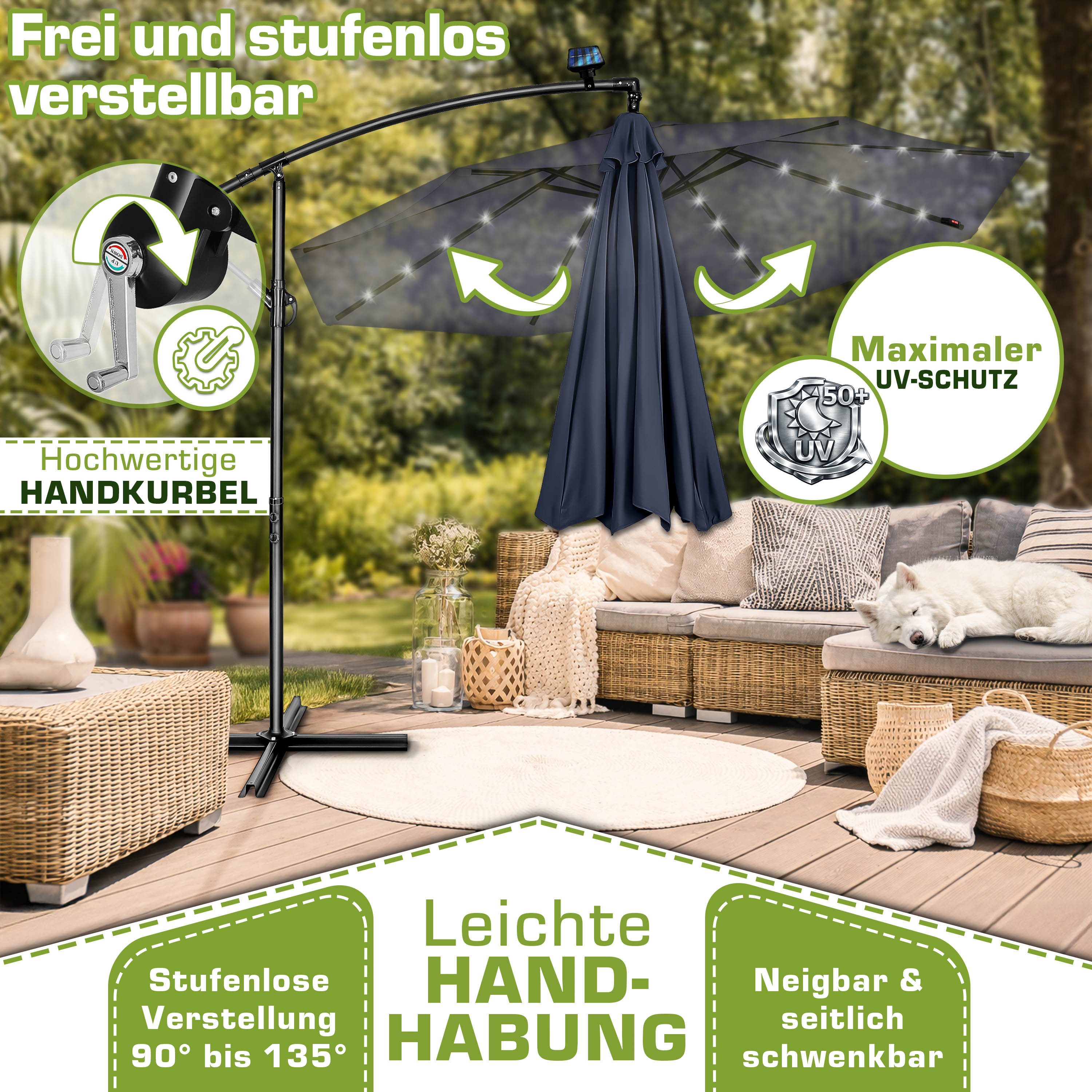 tillvex Sonnenschirm tillvex® Sonnenschirm LED Solar Ø 3m Ampelschirm Balkon Gartenschirm, Alu Ampelschirm + Abdeckung LED Solar Ø 350 cm mit Kurbel, Abdeckung  – Bild 3 von 5