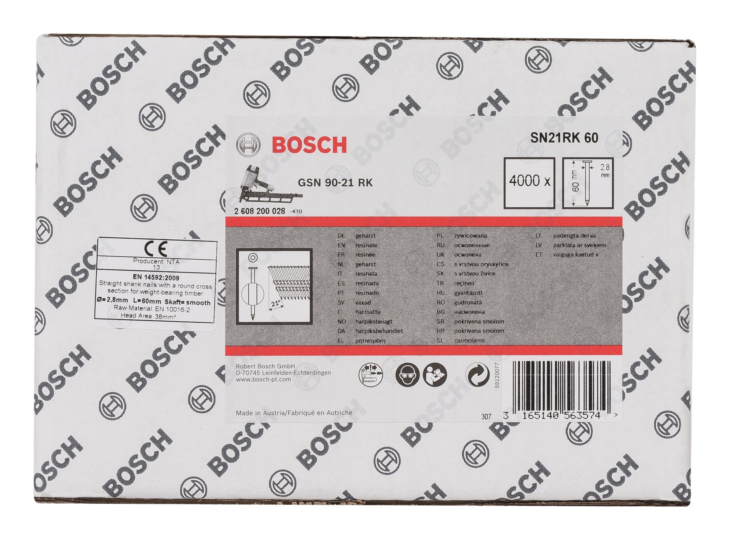 BOSCH Tackerklammer, SN21RK Rundkopf-Streifennagel blank glatt - 2,8 x 60 mm - 4000er-Pack
