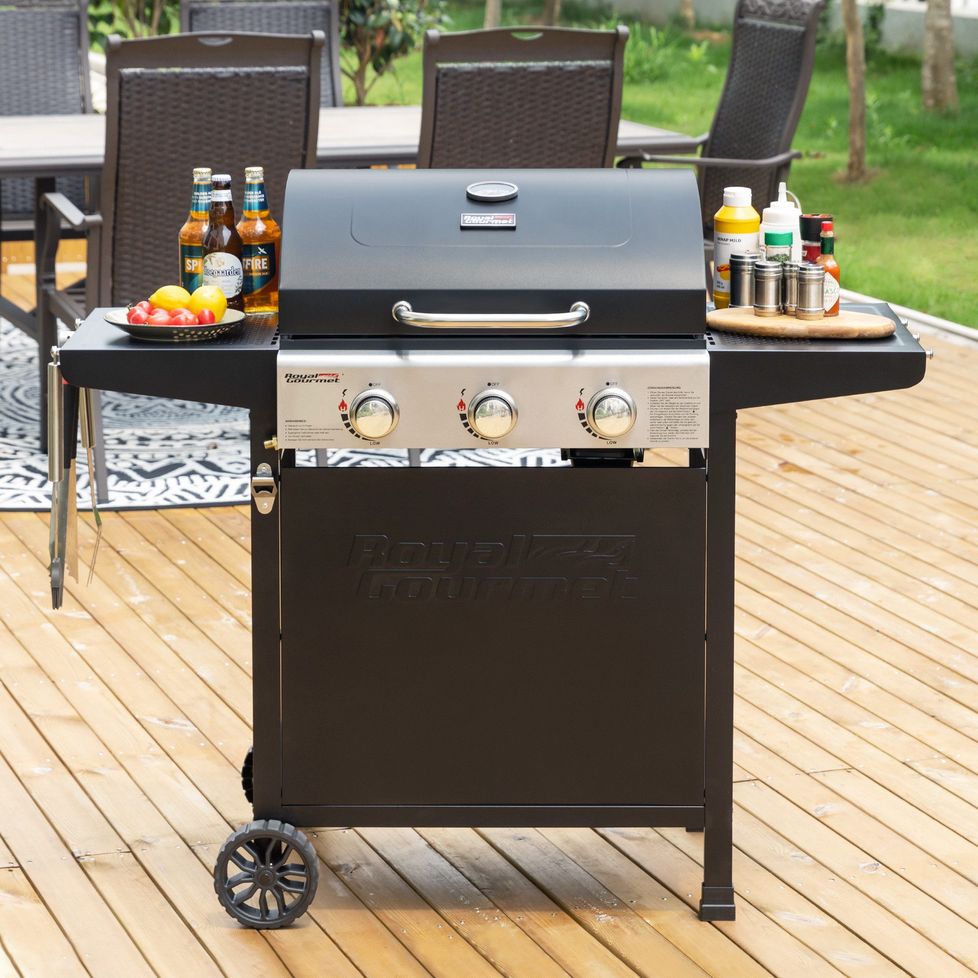 Royal Gourmet Gasgrill Grillwagen 3 Brenner 9 kW Camping Gaskocher mit Kochplatte, Gartengrill mit Flaschenöffner, 121,6x57,8x105cm – Bild 4 von 5