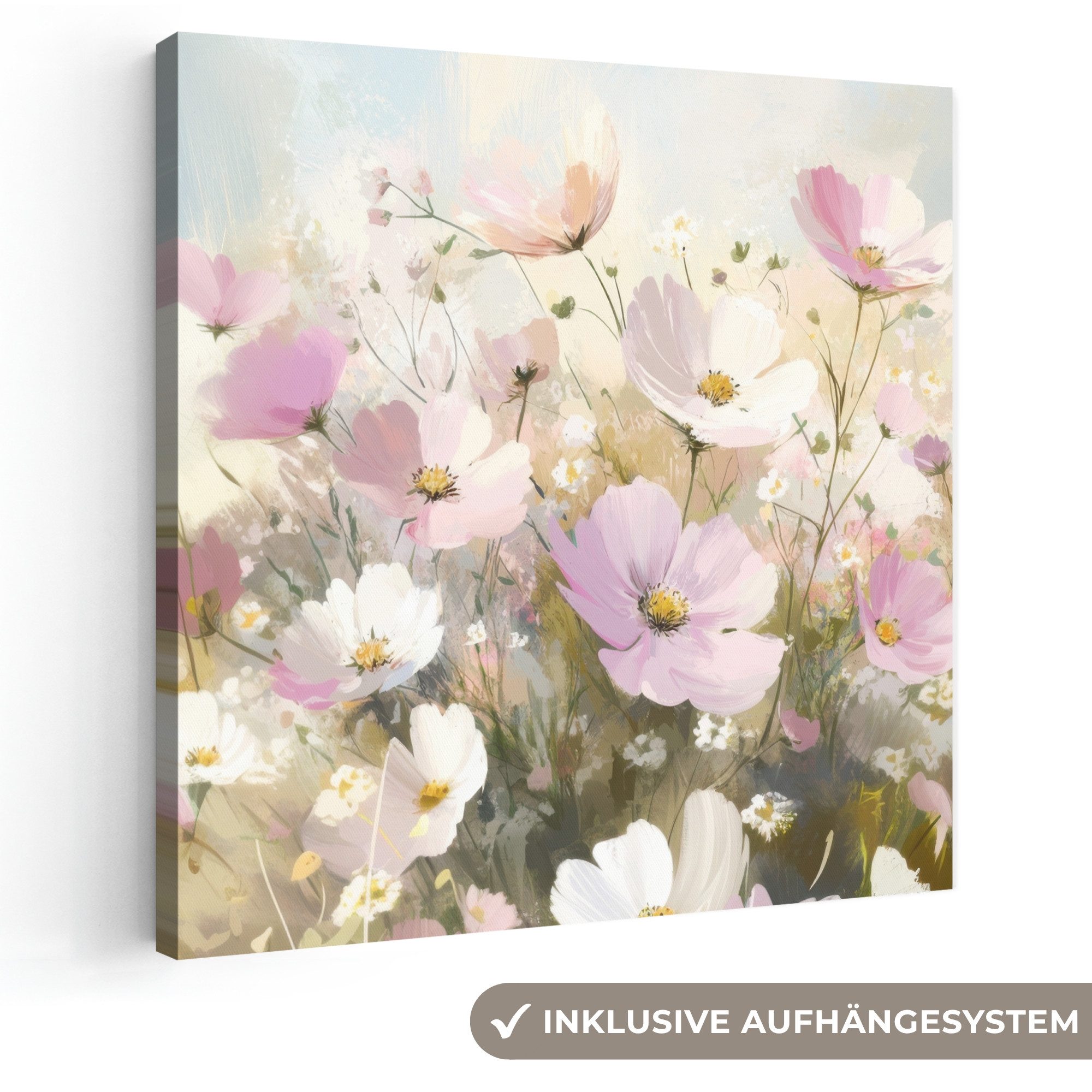 OneMillionCanvasses® Leinwandbild Blumenfeld - Helle Farbtöne - Gemalt, Fotodruck (1 St), Wandbild, Deko Schlafzimmer Wohnzimmer Flur 20x20 cm