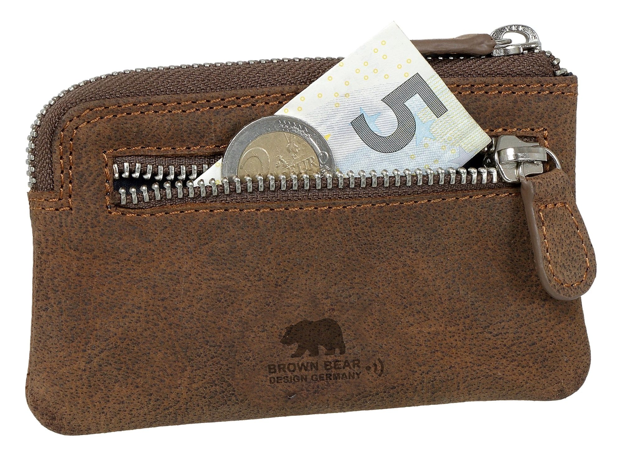 Brown Bear Schlüsseltasche Classic 8017 zwei Schlüsselringen Unisex Echtleder, Reißverschlussfach Kartenfach kompakt Braun-Vintage