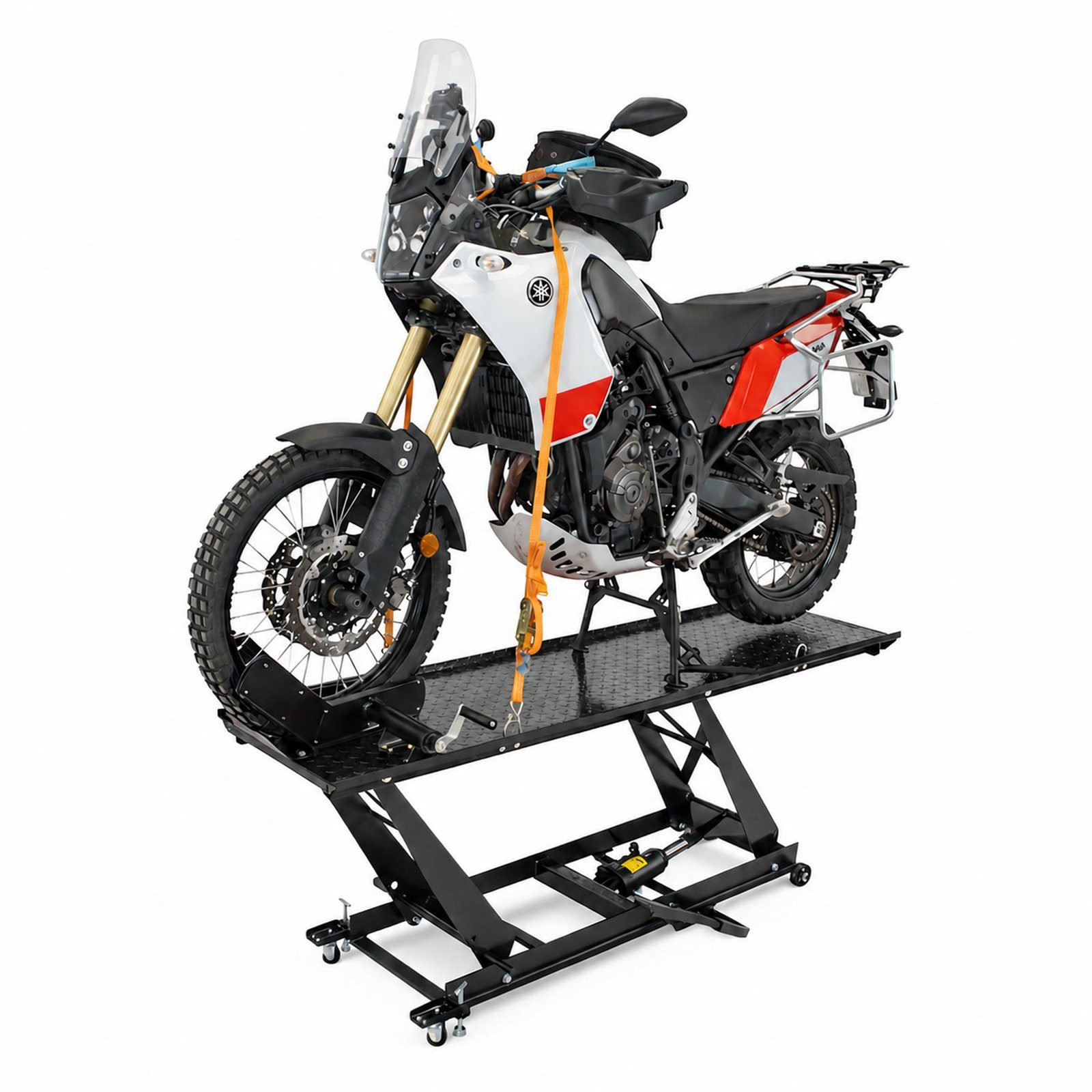 TRUTZHOLM Hydraulikheber Motorradhebebühne hydraulisch 450 kg Breite 55 cm Parallelhub Heber, Vorderradklemme, 4 Halteösen, abnehmbare Auffahrrampe