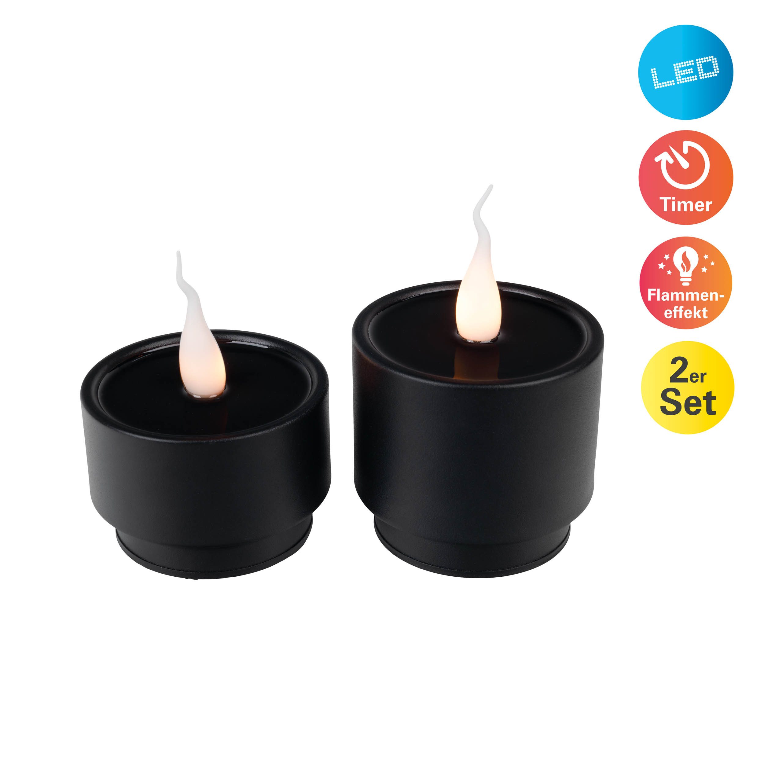 näve LED Dekolicht Loni, Timerfunktion, LED fest integriert, Warmweiß, 2er-Set Kerzen schwarz, Flammeneffekt, Timer, Schiebeschalter, D: 9cm