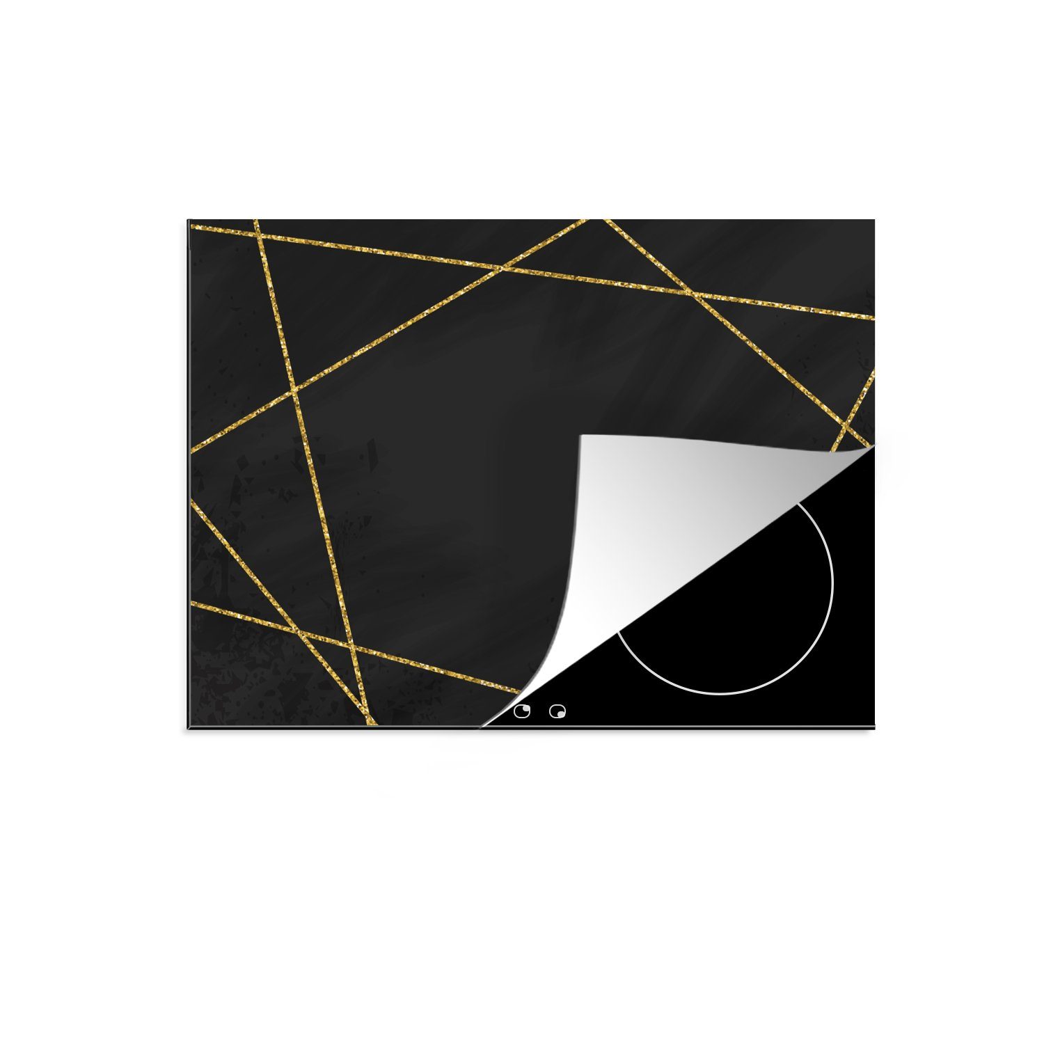 MuchoWow Herdblende-/Abdeckplatte Geometrisches Muster aus goldenen Linien auf schwarzem Hintergrund, Vinyl, (1 tlg), 59x52 cm, Ceranfeldabdeckung für die küche, Induktionsmatte