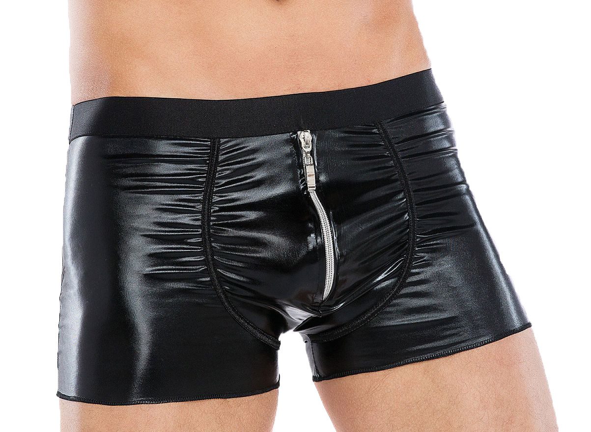 Boxershorts Wetlook-Slip Schwarz mit Front-Reißverschluss sexy Unterwäsche Männer
