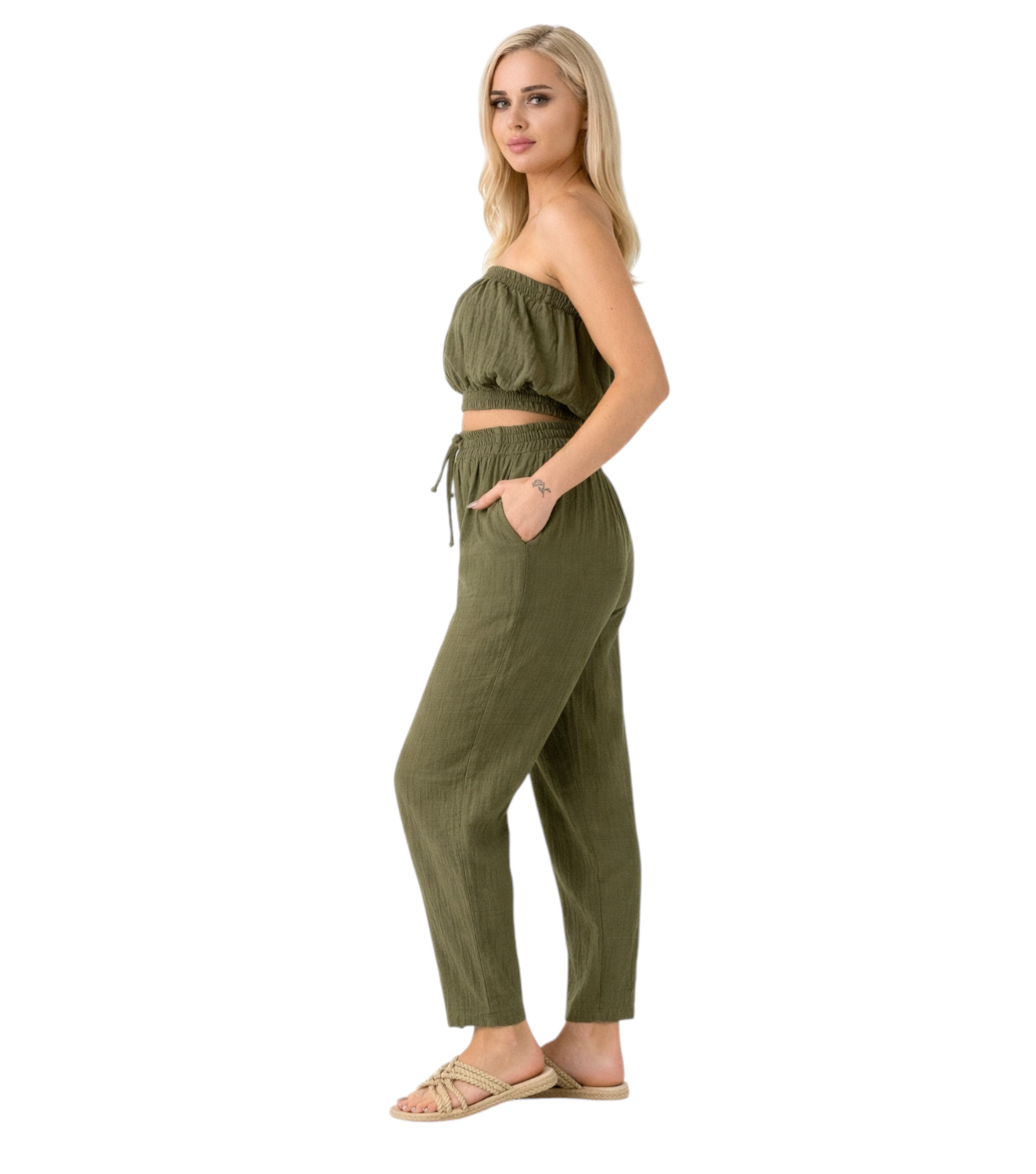 WENOR Stoffhose Damen Musselin 100% Baumwolle Tapered Sommerhose Knöchellänge, elastischer Bund, lässiger Style