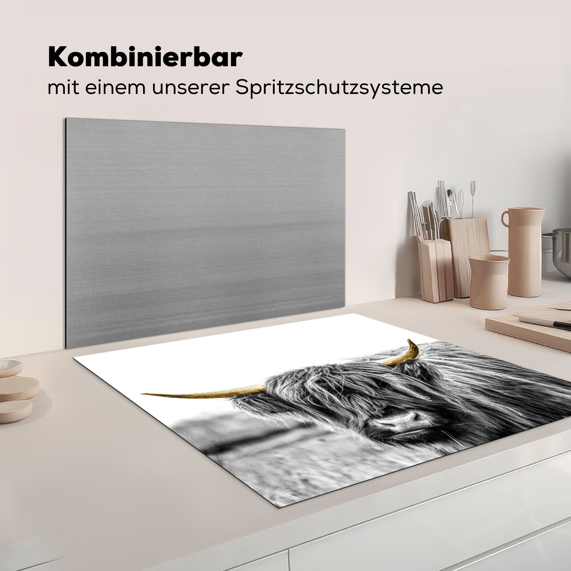 Herdblende-/Abdeckplatte tlg), - küche Natur Vinyl, 78x78 Schottische Highlander Hörner, Ceranfeldabdeckung, für MuchoWow (1 Arbeitsplatte cm, Goldene -