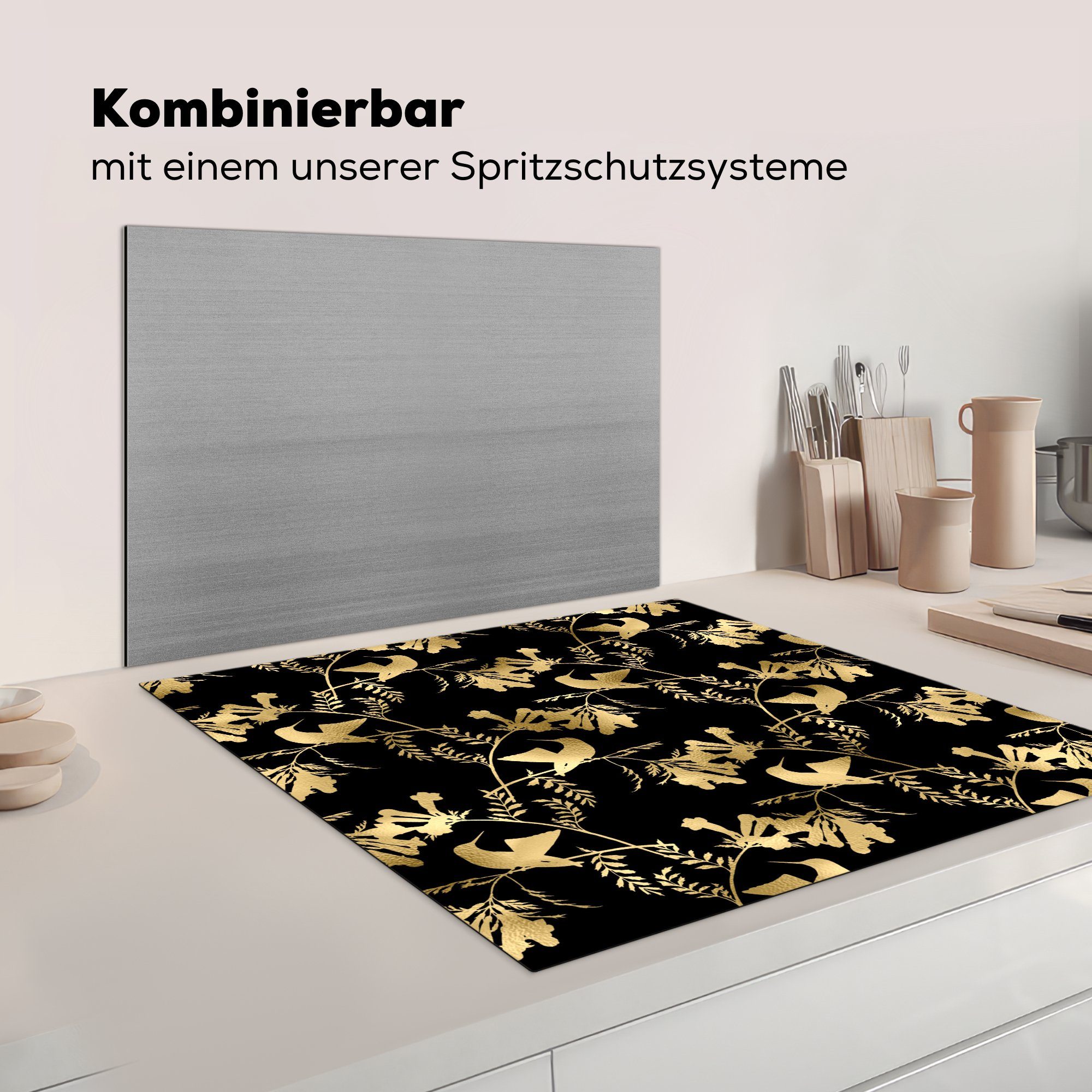 - cm, Herdblende-/Abdeckplatte für küche Muster Arbeitsplatte MuchoWow Vinyl, Ceranfeldabdeckung, 78x78 tlg), Gold, (1 - Vögel