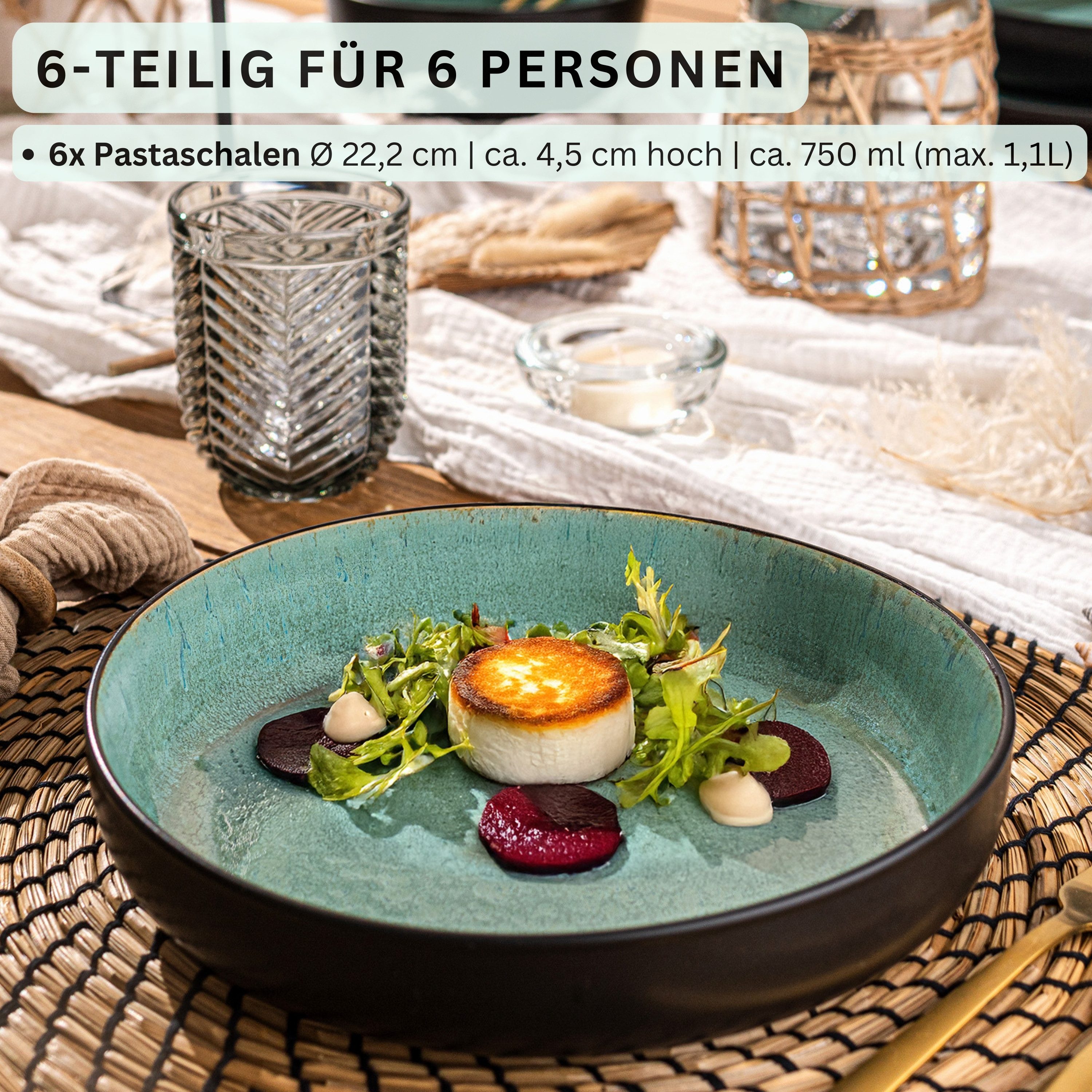 SÄNGER Teller Set Fiji, Grün Schwarz, (6 St), 6 tlg. Pastaschalen, Steingut, Handmade, VALUE COLLECTION