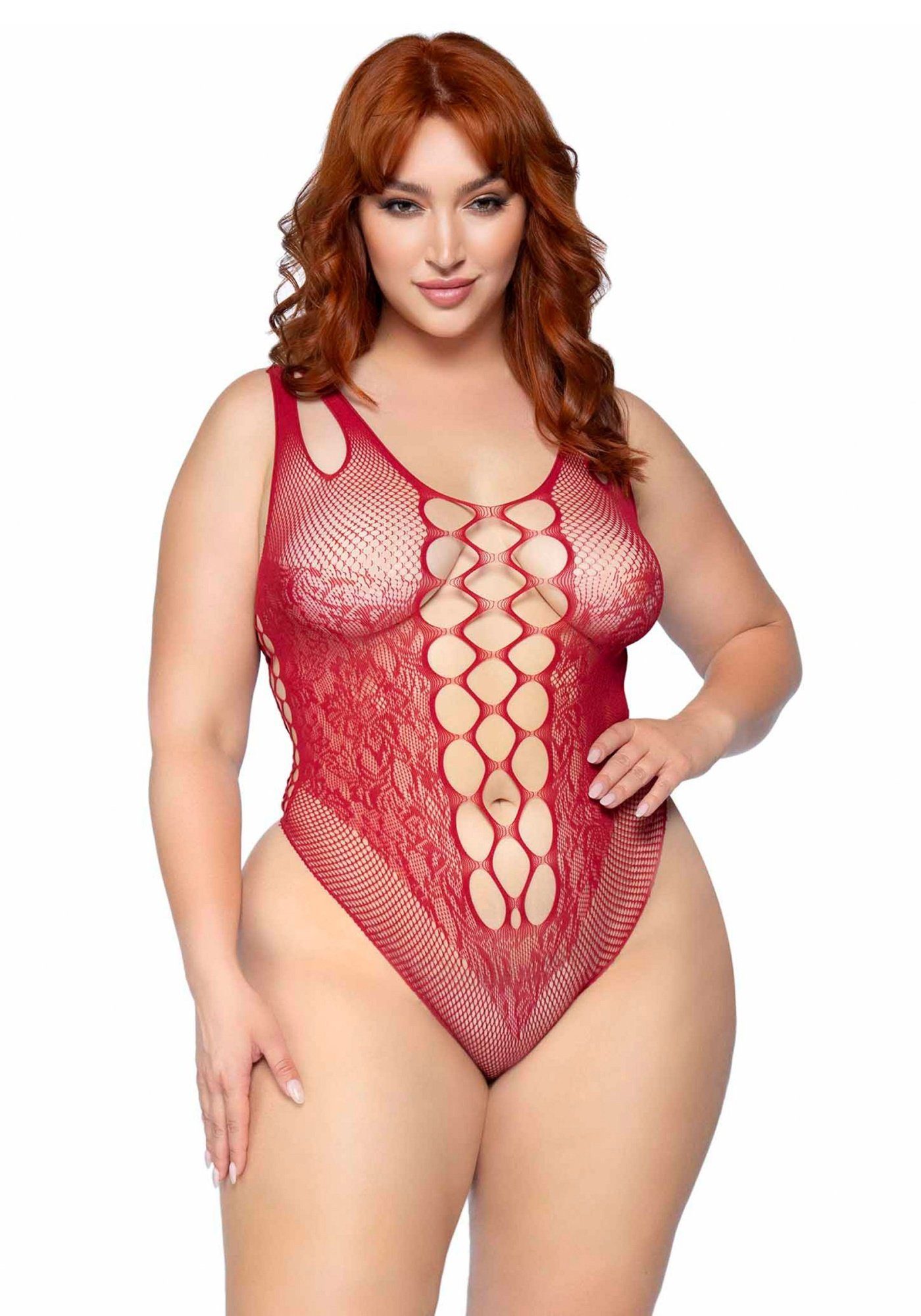 Leg Avenue Stringbody Netz-Body mit Spitze Plus Size - weinrot (1-tlg) transparent