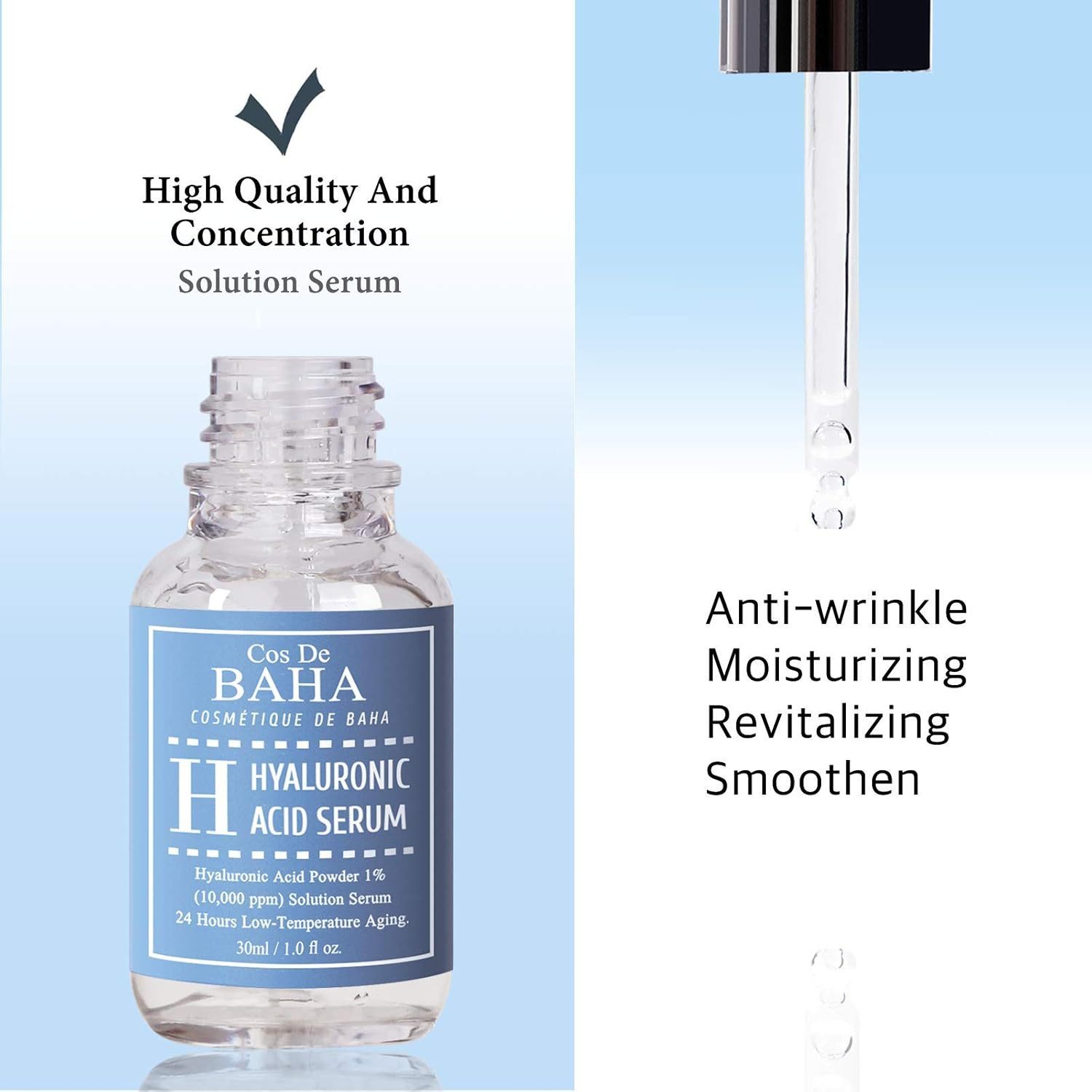 Cos de BAHA Gesichtsserum Pure Hyaluronic Serum 30 ml – Korean K-Beauty Serum mit Sodium Hyaluronate 1% (10.000 ppm), Minimal-Formel – Minimalistische 3-, Inhaltsstoff-Formel mit 10.000 ppm reiner Hyaluronsäure – maximale