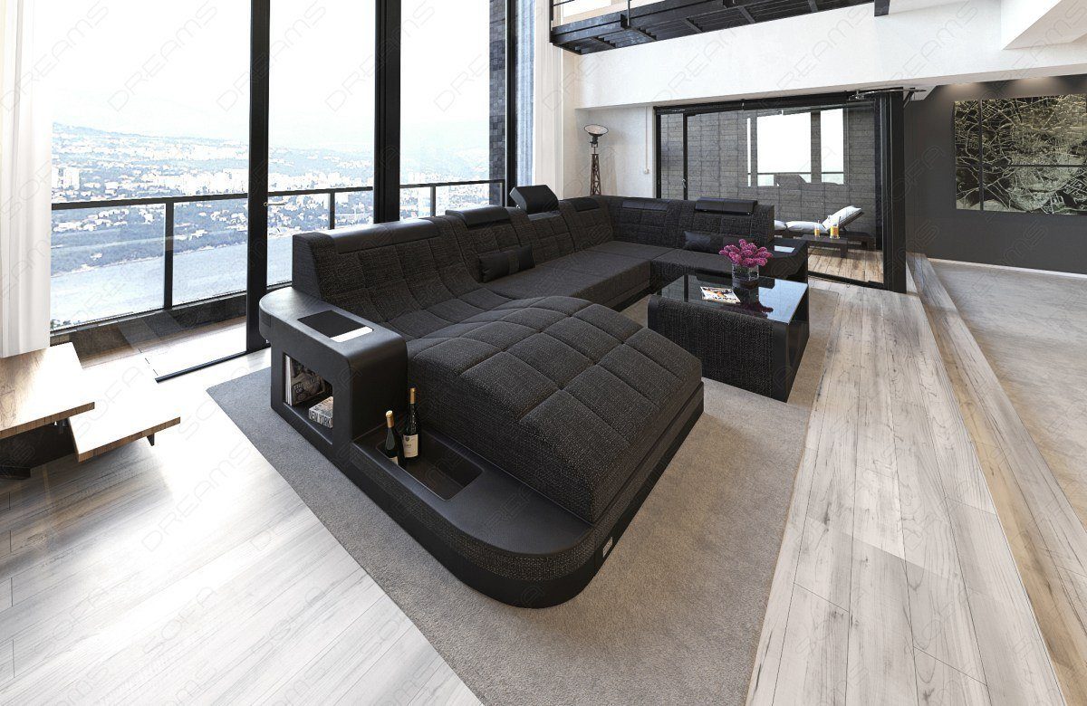 Sofa Dreams Wohnlandschaft Polster Stoffsofa Wave U Form H Strukturstoff Sofa, Couch wahlweise mit Bettfunktion schwarzgrau-schwarz