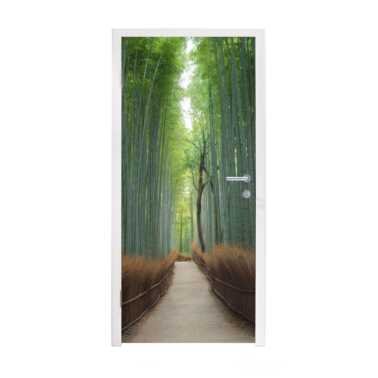 MuchoWow Türtapete Bambus - Weg - Wald, Matt, bedruckt, (1 St), Selbstklebende Tapete, Folie für Möbel, 75x205 cm