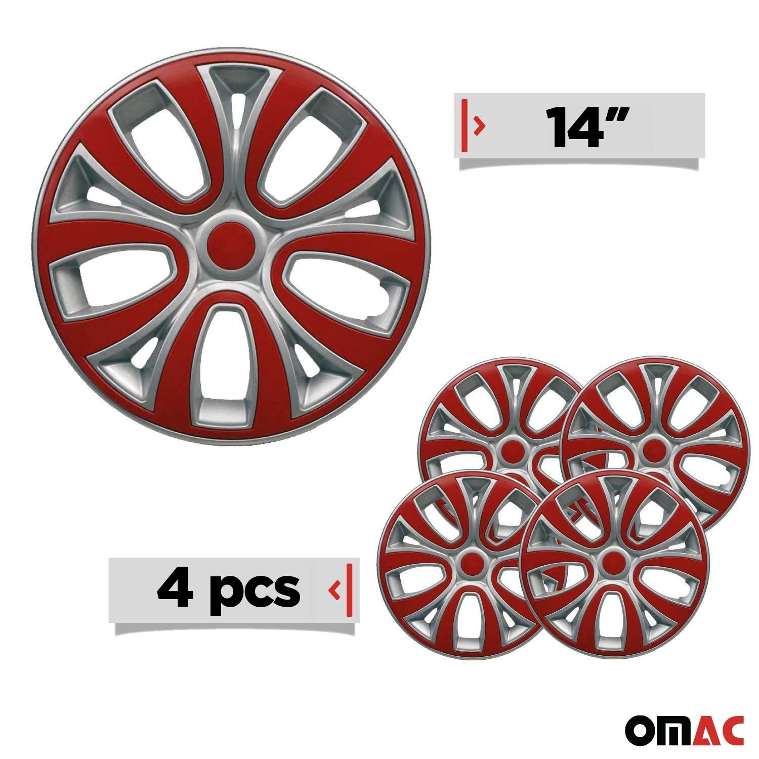 OMAC Wheel Covers 14 inch Grey & Red 4-piece set, (4-pcs) Easy installation, lightweight, car wash safe