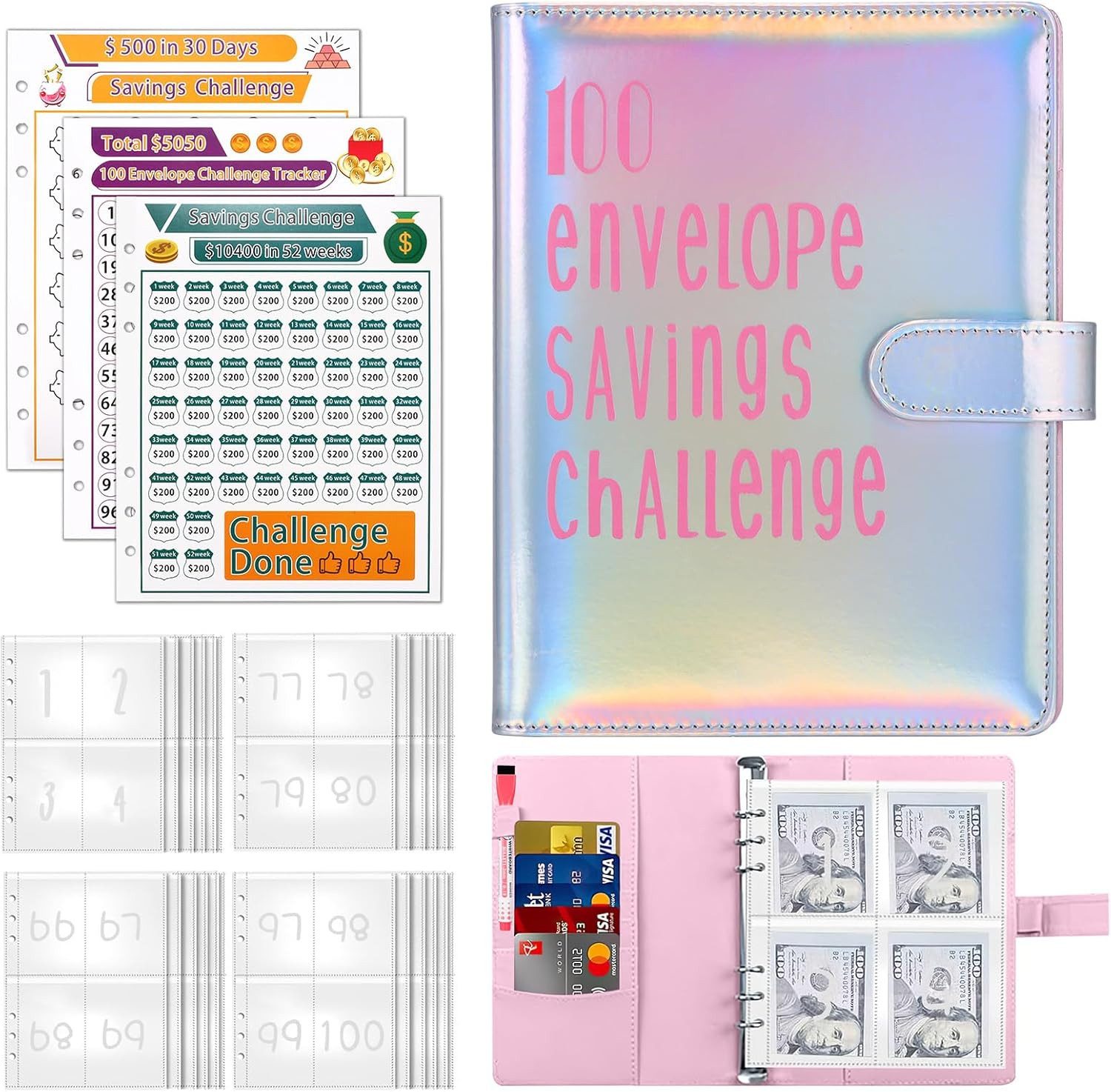 FELIXLEO Konferenzmappe A5 Sparbuch für Geld Challenge, 100 Umschläge Sparen Budgetplaner