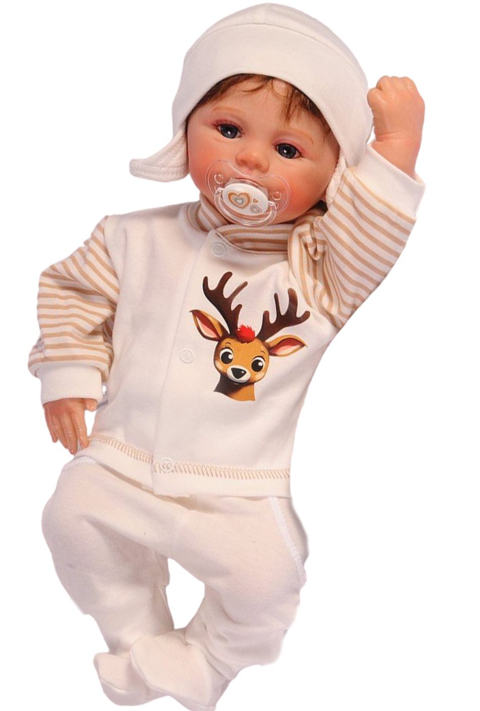 Langarmshirt & Hose Baby Anzug 3Tlg Hemdchen Mütze Schlupfhose in Creme mit Rentier