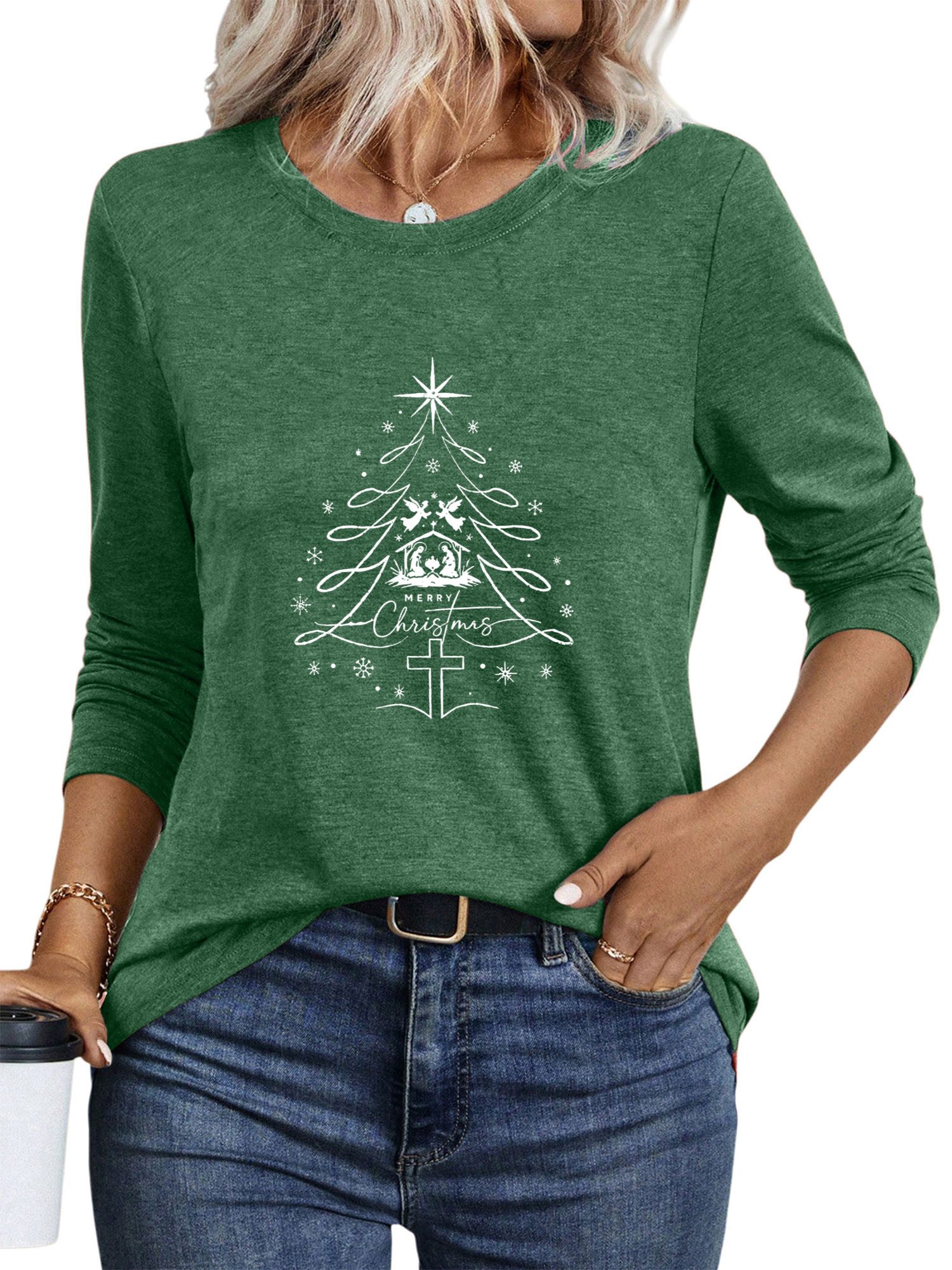 PYLIKE Langarmshirt Damen Rundhalsausschnitt Longsleeve mit Weihnachtsbaum Print-Shirt Weihnachts-Sonderanfertigungen