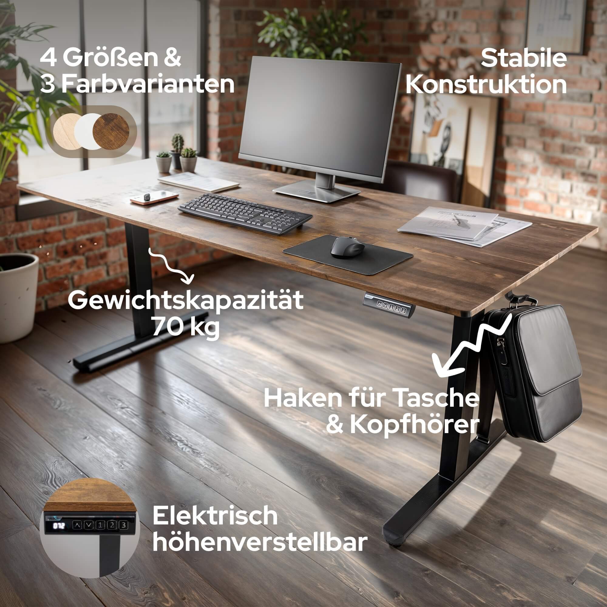 Arebos Schreibtisch Computer-Bürotisch 180 x 80 cm, elektrisch Memory-Funktion, 72-118 cm höhenverstellbar,Hebekapazität: 70 kg – Bild 3 von 5
