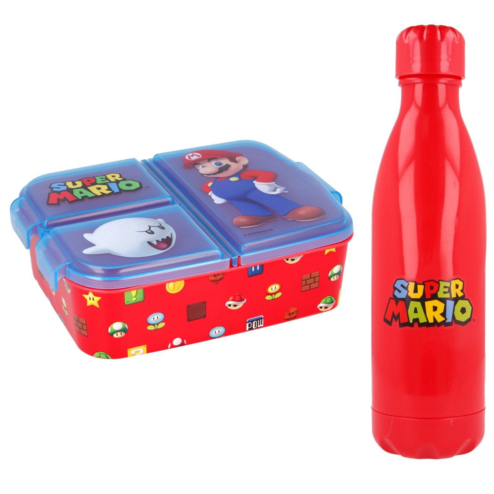 Super Mario Lunchbox Super Mario Kinder 2 teiliges Set 3 Kammer Brotdose Trinkflasche, (2-tlg., Spar-Set), 660 ml