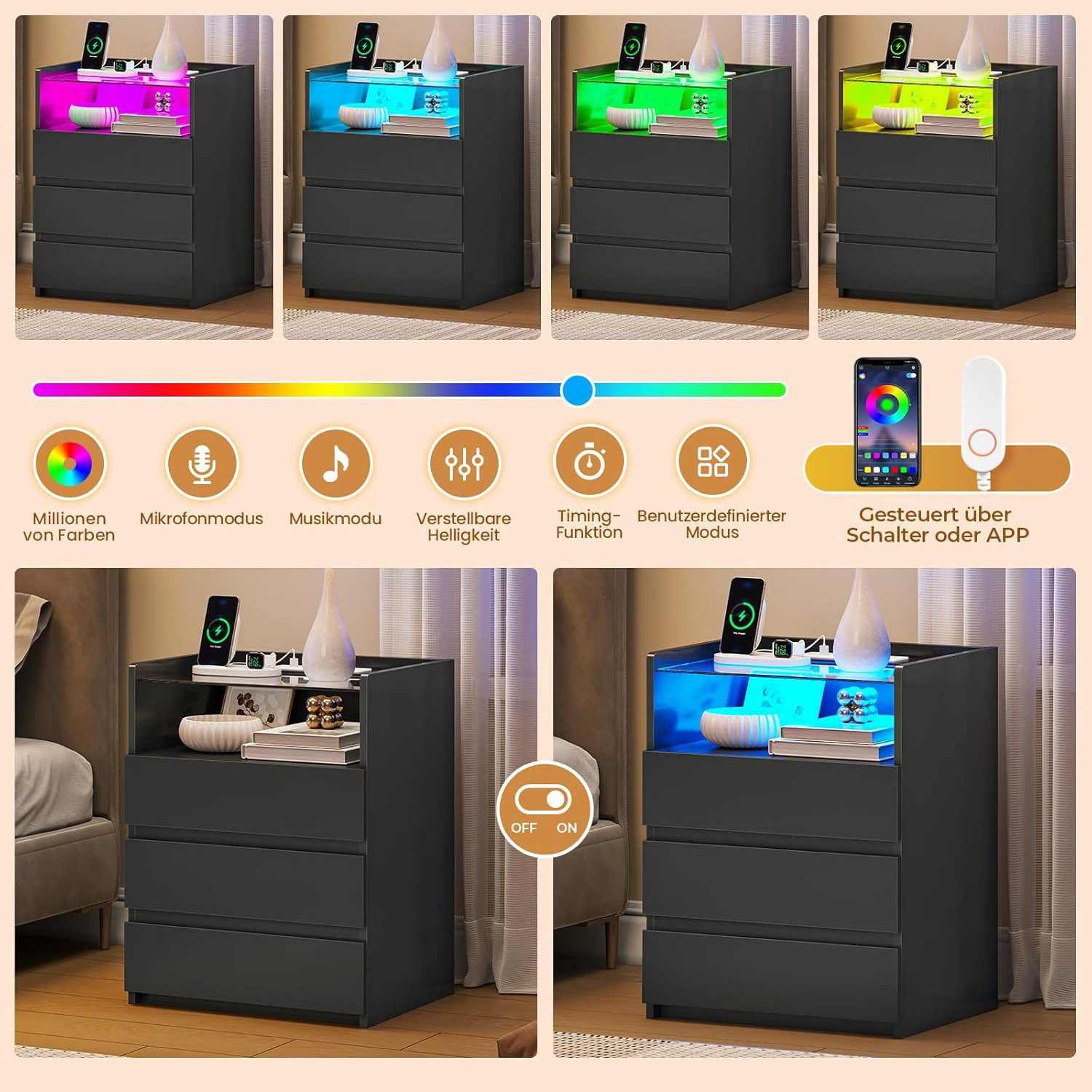 MSMASK Nachttisch mit LED-Beleuchtung und Steckdosen, 3 Schubladen, 45x35x61cm (1-St), Nachtschrank mit Sichtbarer Glastischplatte – Bild 3 von 5