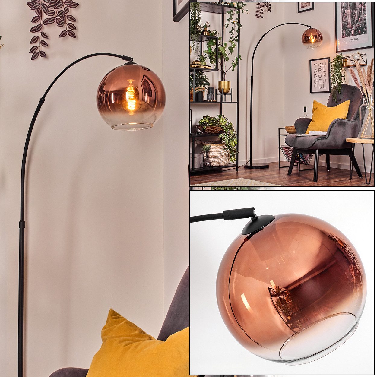 hofstein Bogenlampe Stehlampe aus Metall/Glas in Schwarz/Kupfer/Klar mit Marmorfuß, ohne Leuchtmittel, moderne Stehleuchte verstellbar, Ø Schirm 25 cm, Fußschalter, E27