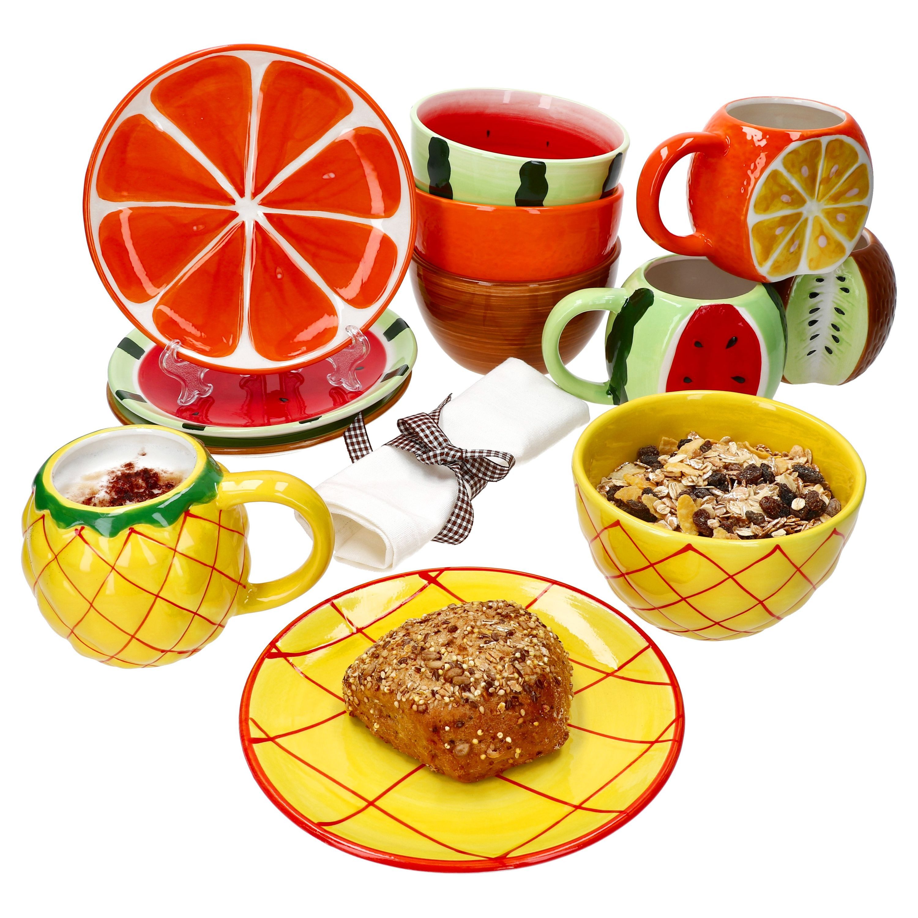Frühstücks-Geschirrset Tutti Frutti 12tlg Frühstücksset Teller Becher Schale 4 Personen