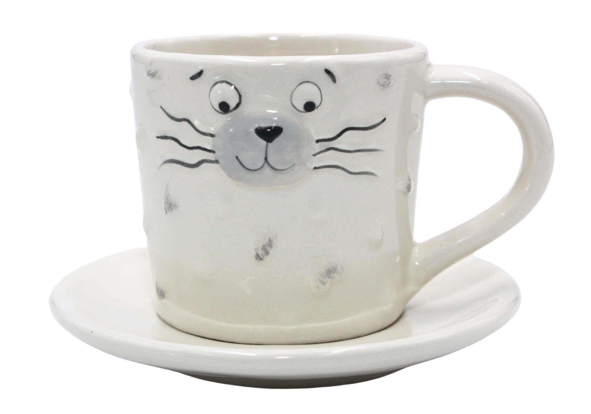Dekohelden24 Tasse Porzellan Kaffeebecher, Tasse mit Untertasse/Teller mit Katzengesicht, Porzellan