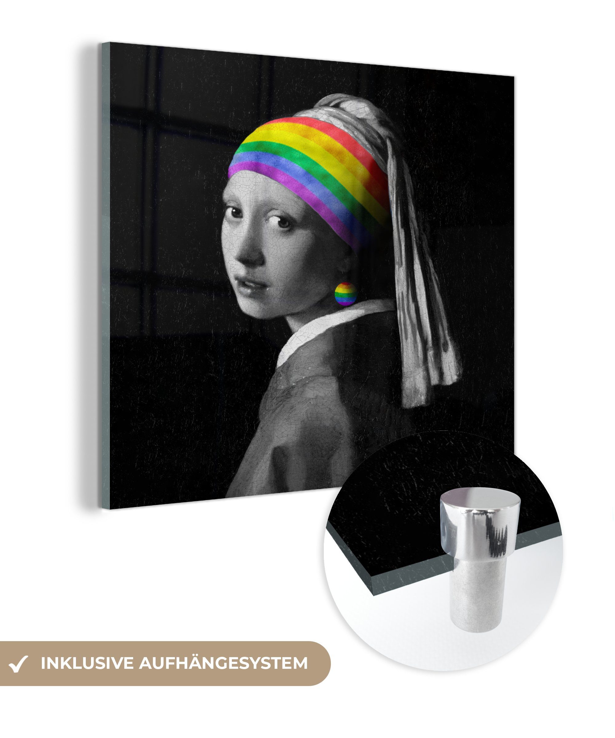 MuchoWow Acrylglasbild Das Mädchen Regenbogen, dem - Foto Bilder Glas St), Glas - Perlenohrring auf Wandbild - - Glasbilder (1 Wanddekoration mit - Vermeer auf