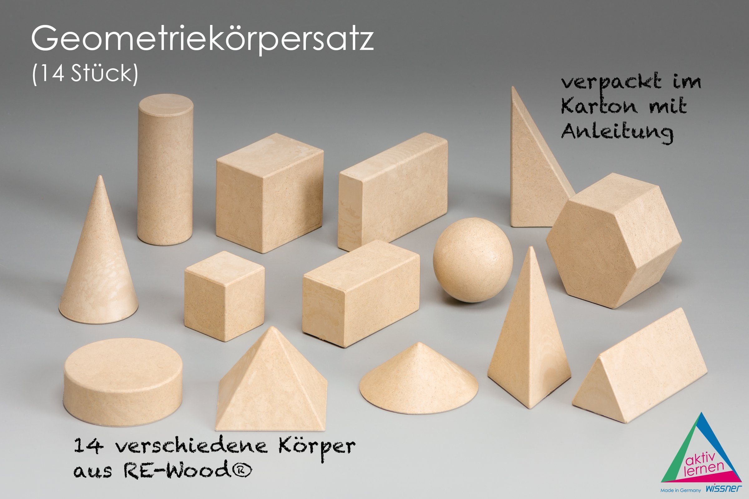 Wissner® aktiv lernen Lernspielzeug Geometriekörpersatz (14 Stück),  Geometrie Lernspielzeug RE-Wood® (14-St), RE-Wood®