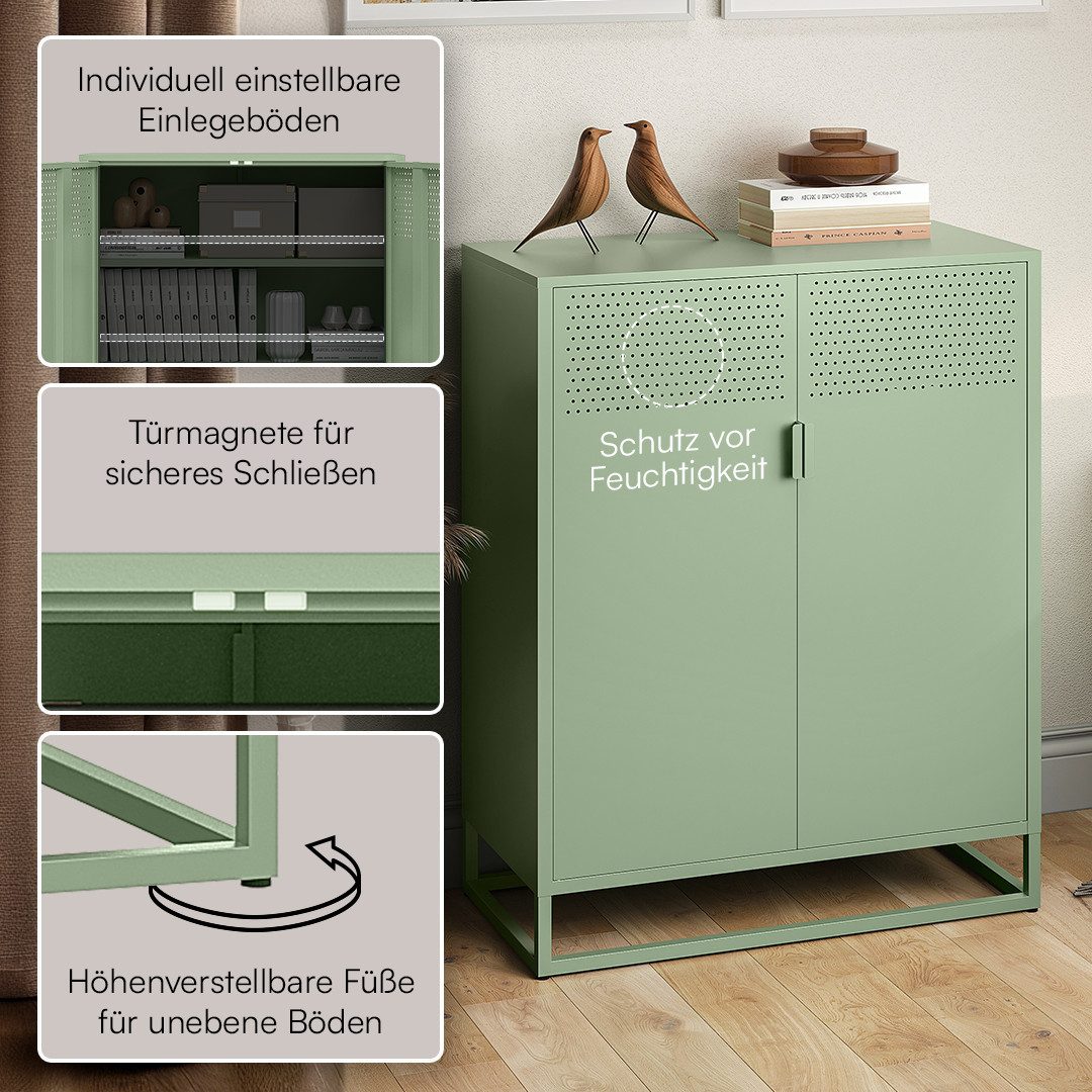 skølm Kommode Izar aus Metall (Mintgrün), Highboard mit Doppeltür & höhenverstellbare Einlegeböden