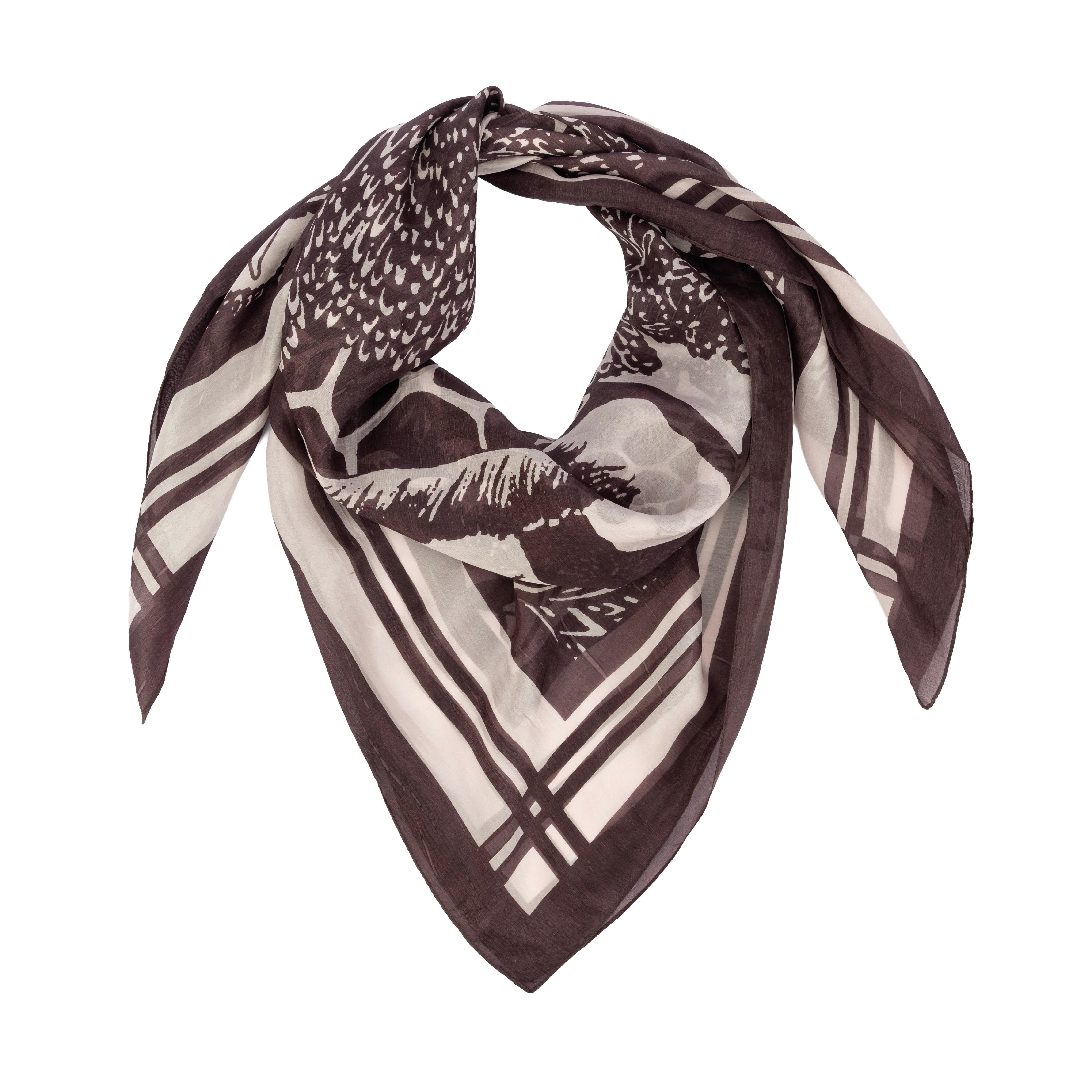El Puente Seidenschal Tuch aus Seide in Braun-Rosa mit Giraffen-Print, Handmade, Handmade