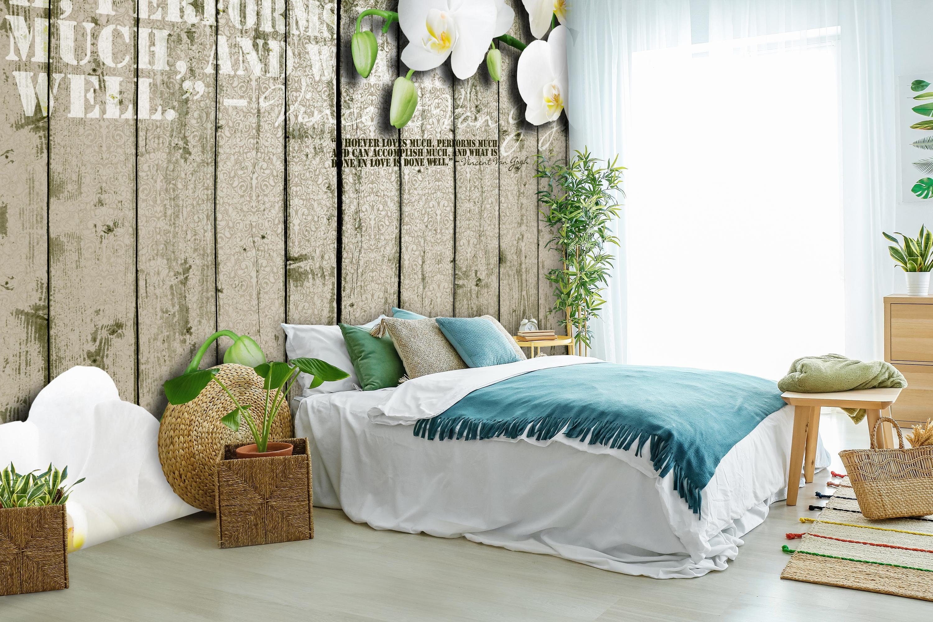 Wandtapete, Orchidee, weiße Zaun Fototapete wandmotiv24 glatt, Motivtapete, Vliestapete Holz matt,
