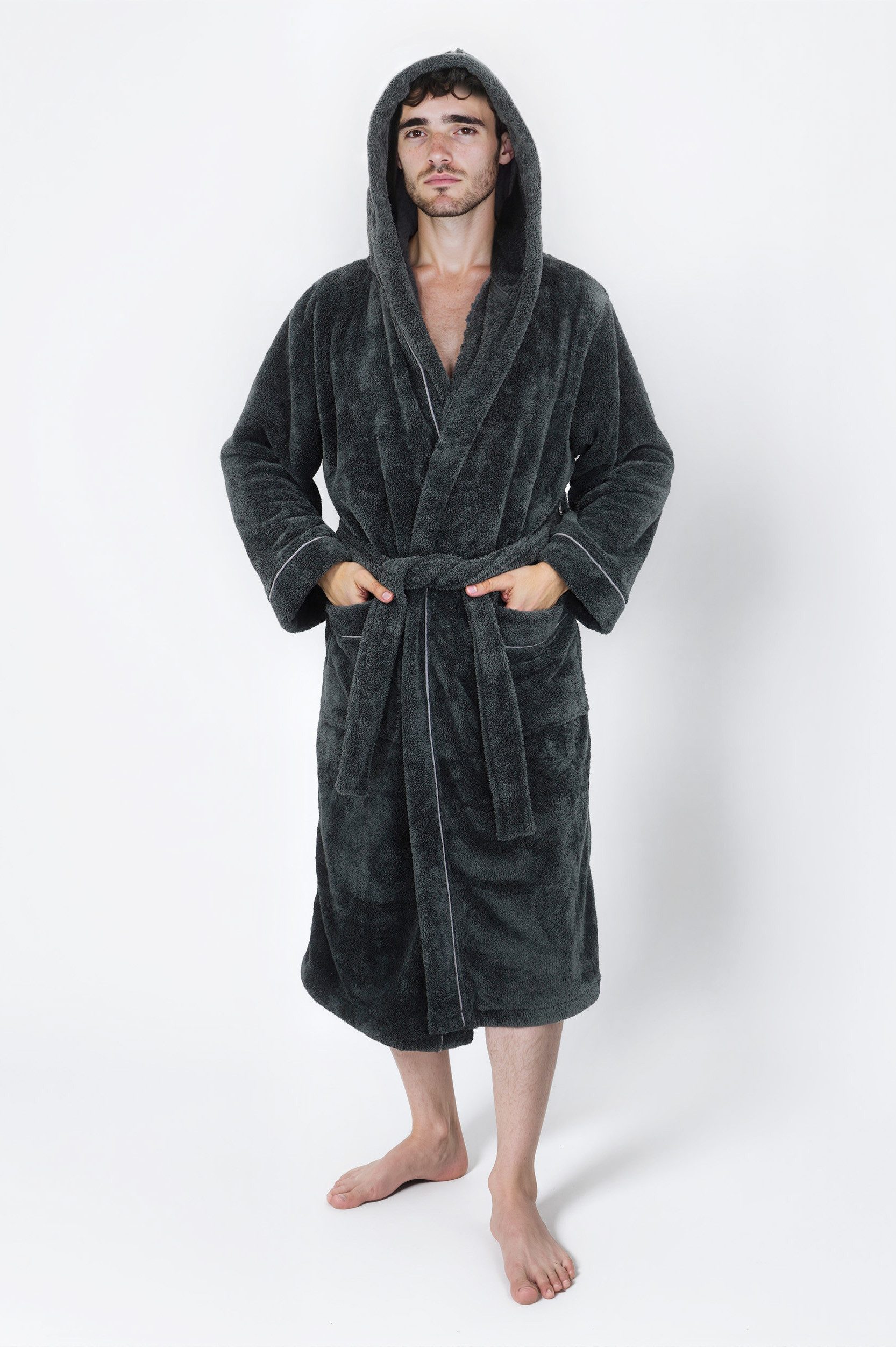 my home Unisex-Bademantel »Lillou«, Langform, Microfaser, Kapuze, Gürtel, weiche und kuschelige Qualität, für Damen und Herren, XS-3XL