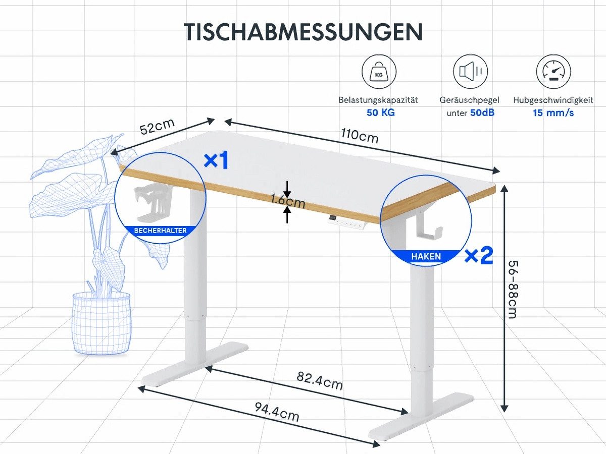 FLEXISPOT Schreibtisch Kinderschreibtisch Höhenverstellbar (16mm Abgerundete Tischecken, LED-Display & 3 Speichertaste), MIT 2xHaken& 1xBecherhalter, Kindersicherung