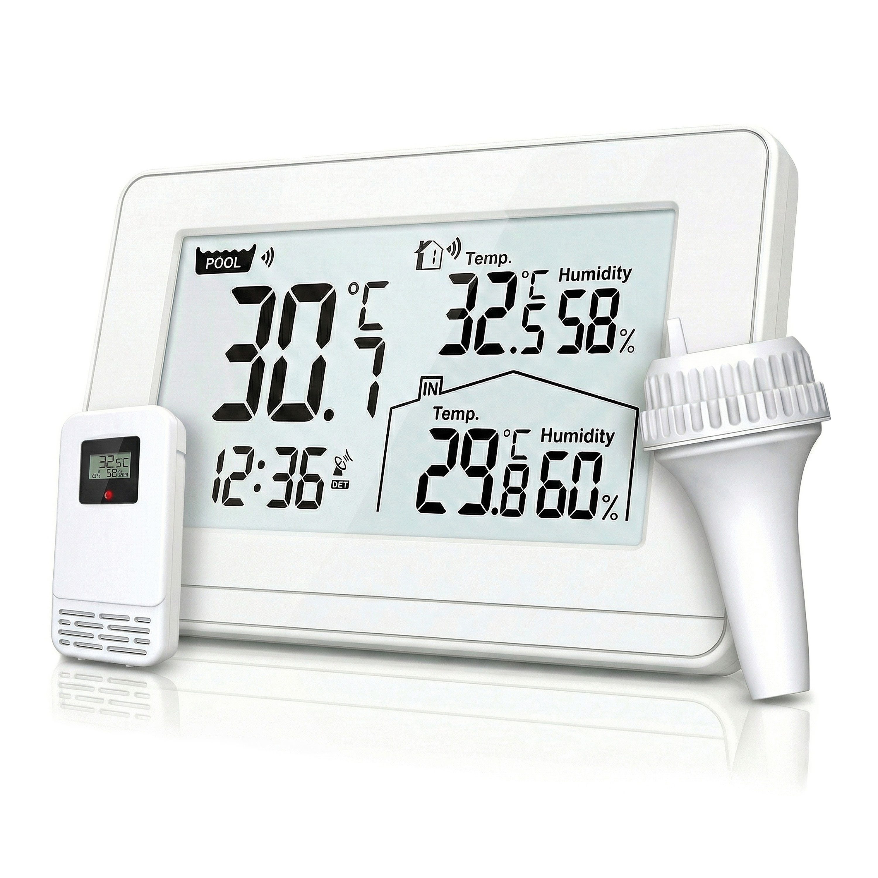 BEARWARE Schwimmthermometer Poolthermometer, Schwimmthermometer mit Wetterstation, Funk, digital, Set 3-tlg., 3-in-1 Set: Basisstation (DCF-Uhr/Wecker), Pool-Schwimmer, Außensensor, Wassertemperatur, Luftfeuchte, Innentemperatur, Außentemperatur