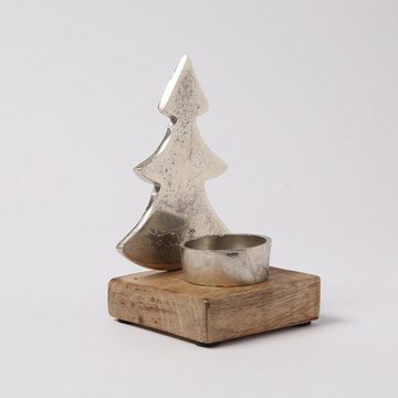 MARELIDA Teelichthalter Teelichthalter TANNENBAUM Aluminium Mangoholzsockel H: 13,2cm silber (1 St)