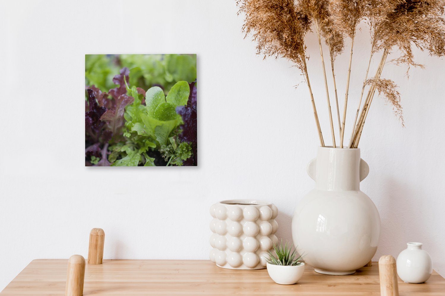 Leinwandbild jungem Wohnzimmer Schlafzimmer St), Kopfsalat, für Leinwand von (1 grünem und OneMillionCanvasses® Nahaufnahme violettem Bilder