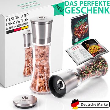 freegreen® Gewürzmühle PREMIUM« Salz und Pfeffermühle 19cm 2er Set + Clean Eating Kochbuch Manuell für ein einzigartig gleichmäßiges Mahlergebnis!, mit verstellbarem Keramik-Mahlwerk und Geschenkverpackung