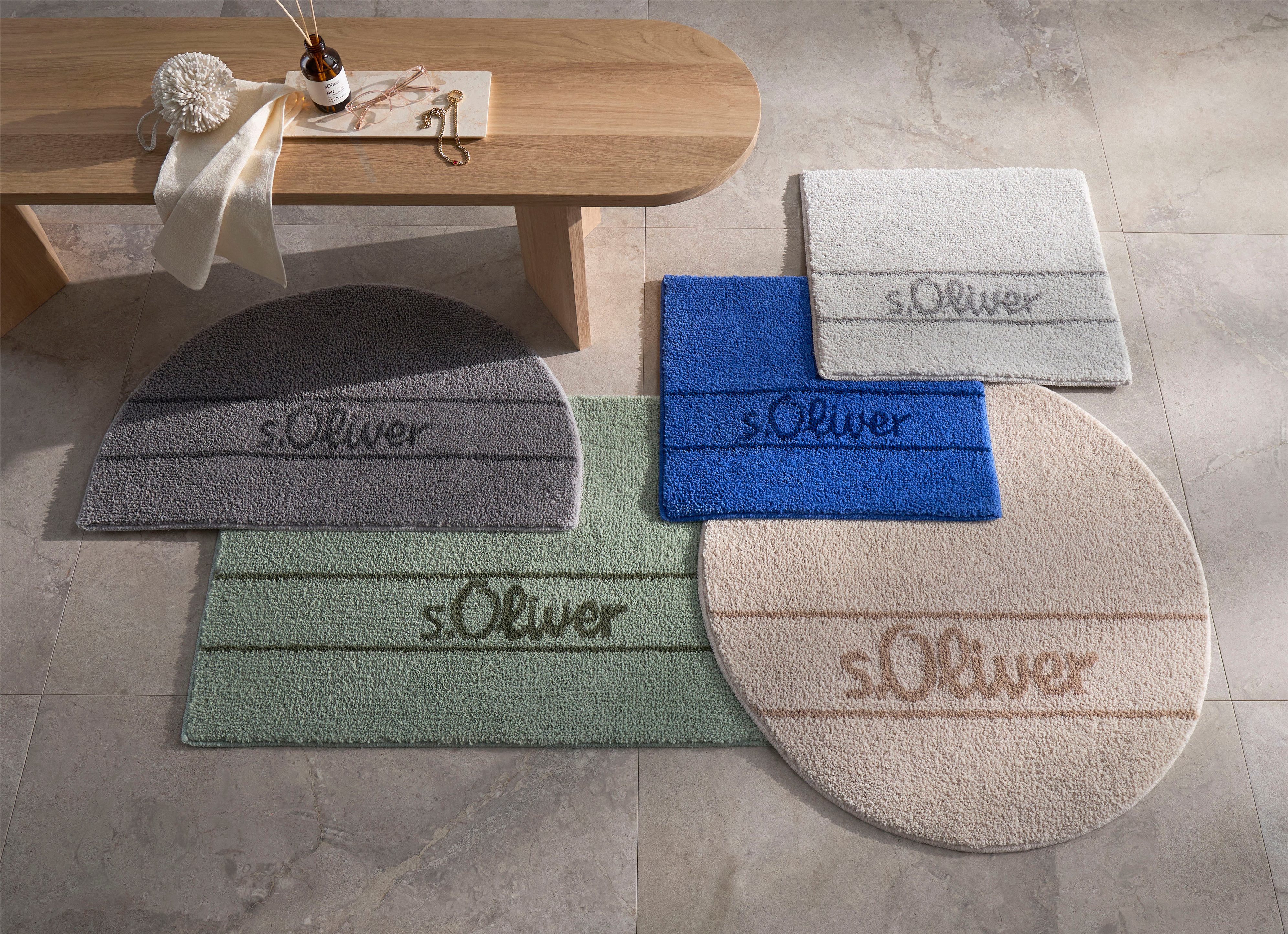 s.Oliver Badematte Allie, Badvorleger, Badezimmer Teppich, Duschvorleger, Höhe 10 mm, rutschhemmend beschichtet, schnell trocknend, strapazierfähig, Polyester, halbrund, Badteppich, weiche Haptik, unifarben mit s.Oliver Schriftzug