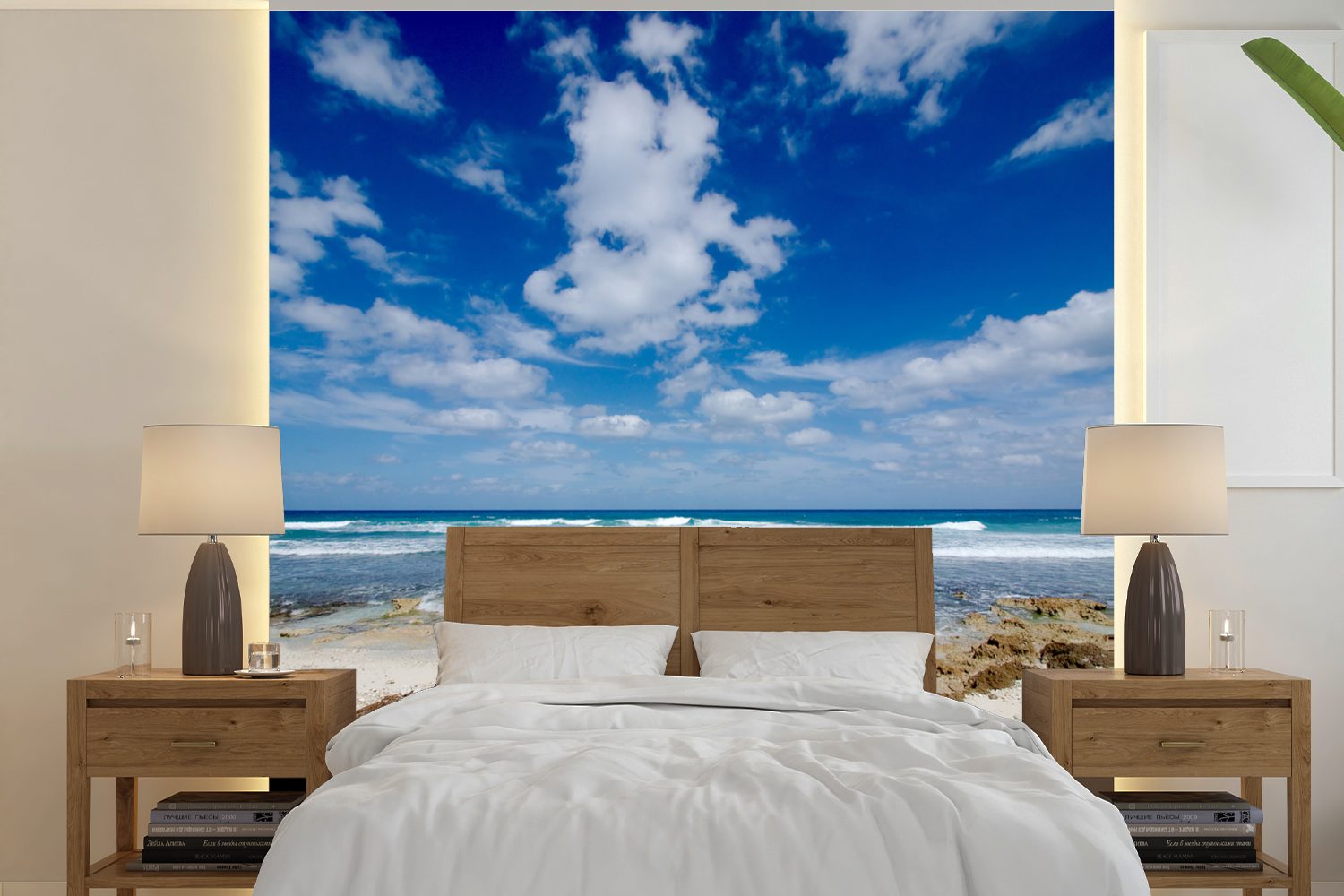 Vinyl MuchoWow Schlafzimmer, Tapete Mujeres, Isla Fototapete Matt, der St), bedruckt, dem unter für auf Wandtapete Wohnzimmer Strand oder (5 wolkenlosen Himmel Weißer