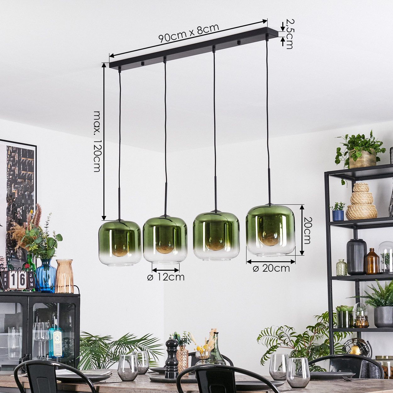 hofstein Hängeleuchte Hängelampe aus Metall/Glas in Schwarz/Grün/Klar, Hängeleuchte im modernen Retro/Vintage-Design (20 cm), 4 x E27 – Bild 4 von 5