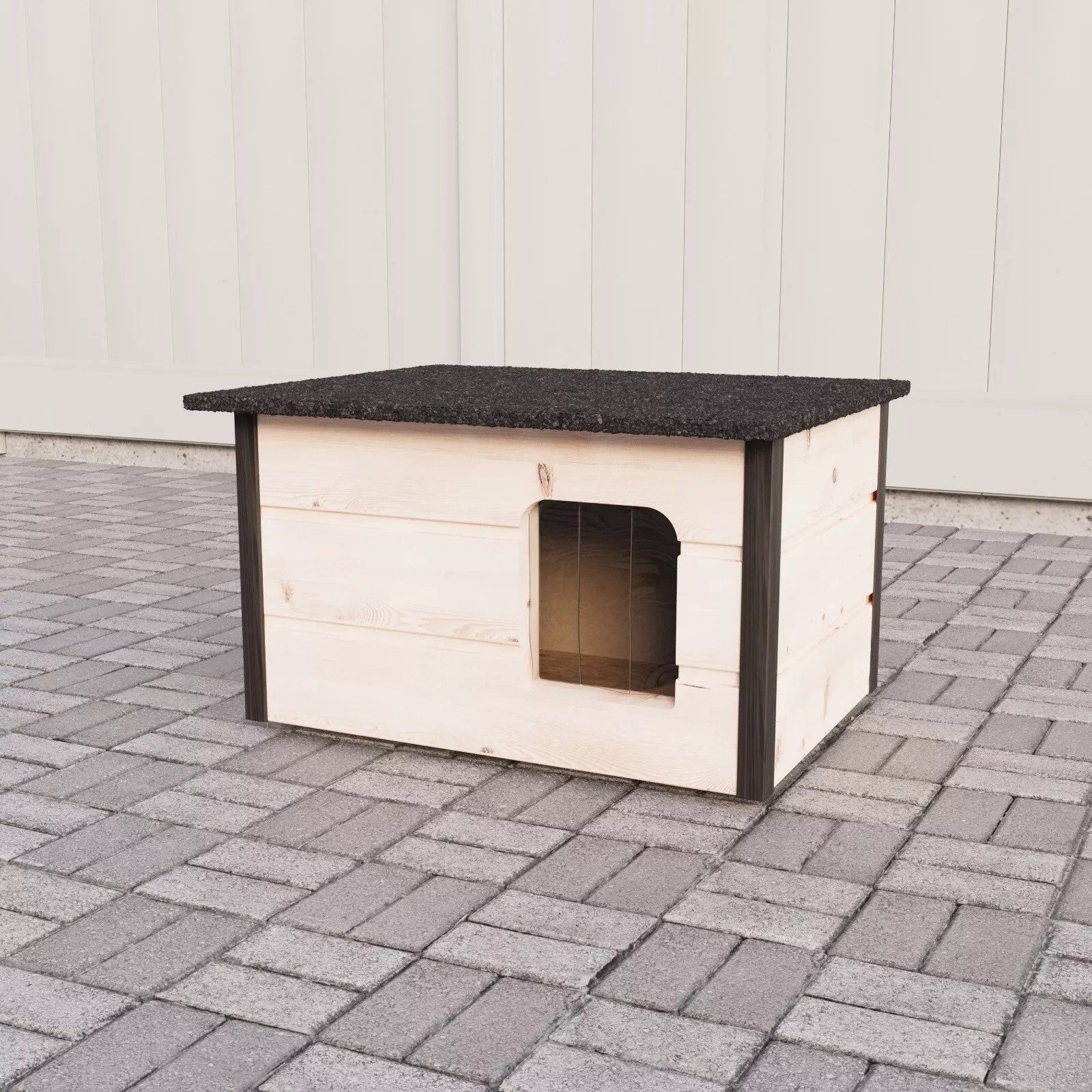 QLS Tierhaus Katzenhaus aus Holz isoliert 57x47 cm, Katzenhütte Katzenhöhle Outdoor mit Vorhang